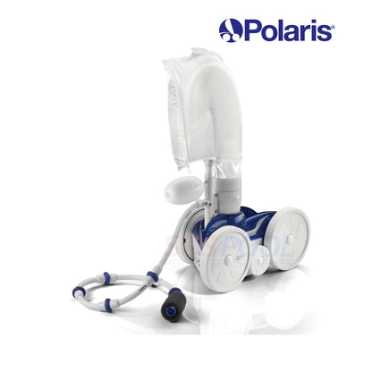 Polaris TR28P Pressure Pool Cleaner in white and blue, showcasing its three-wheel design for effective cleaning. Ideal for in-ground pools.