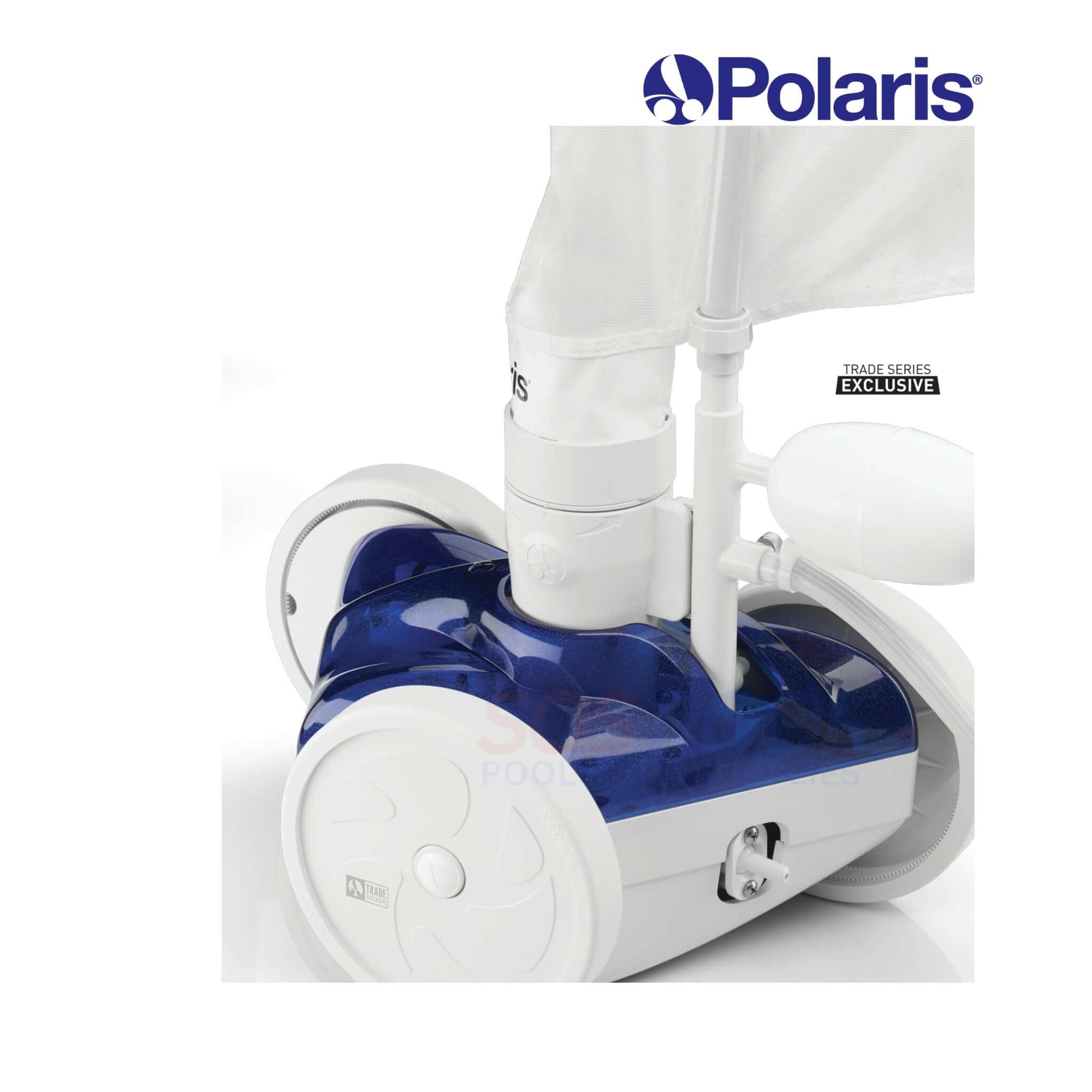 Polaris TR28P pressure-side pool cleaner in blue and white, showcasing iconic three-wheel design for swimming pool maintenance. SOS Pool supplies.