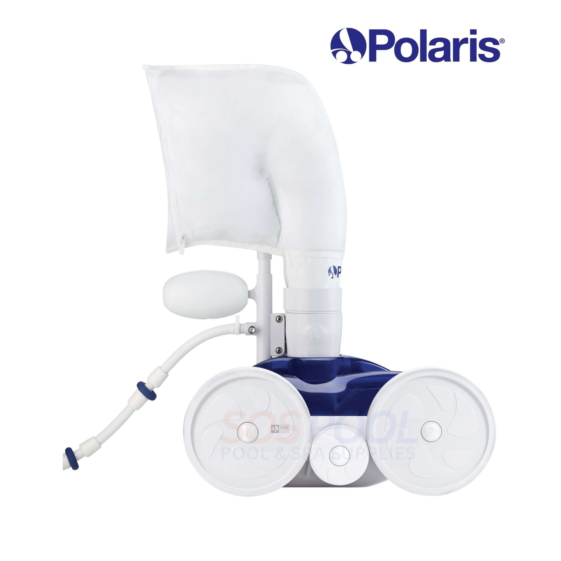 Polaris TR28P pressure-side pool cleaner, blue, showcasing three-wheel design for effective cleaning of in-ground pools, perfect for SOS Pool supplies.