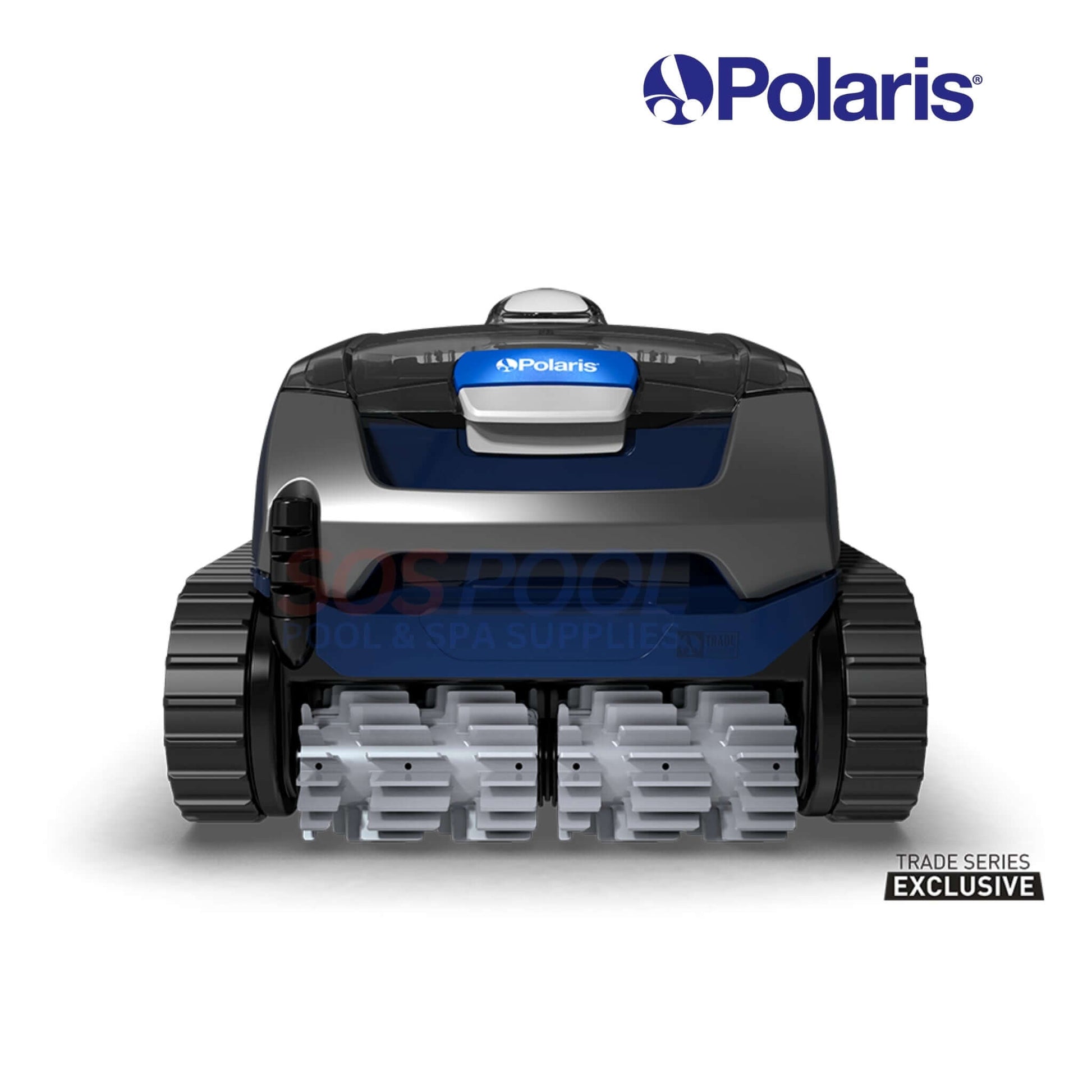 Polaris EPIC™ 8640 Robotic Pool Cleaner FEPIC8640, black and blue, front view, designed for effective in-ground pool cleaning.