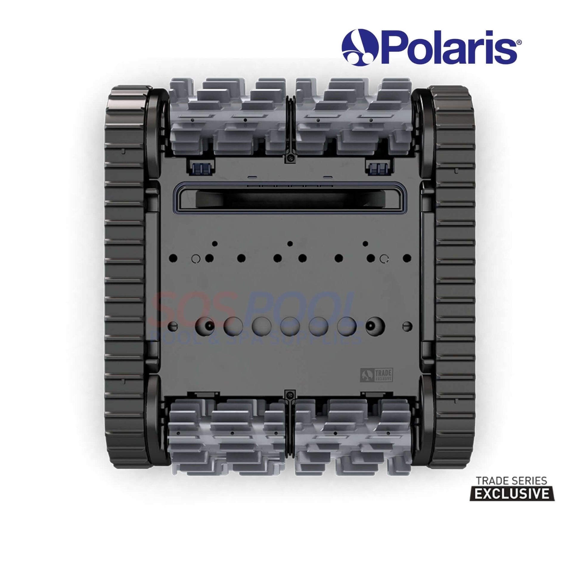 Top view of Polaris EPIC™ 8640 Robotic Pool Cleaner FEPIC8640 showcasing dual-traction motors, ideal for pool supplies.
