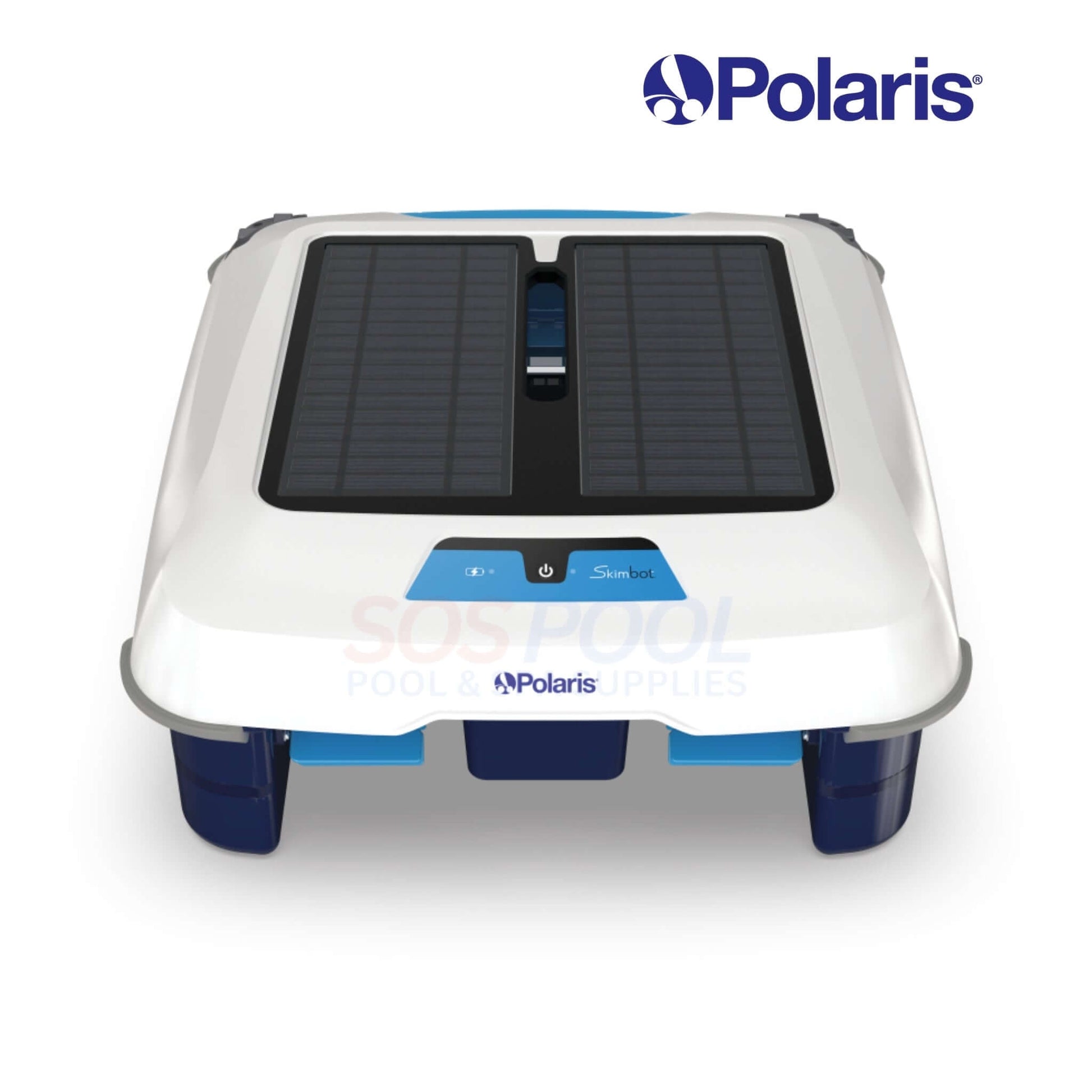 FSKIMBOT Polaris Skimbot Solar Surface Cleaner, white and blue, designed for pool cleaning, solar-powered, from SOS Pool supplies.