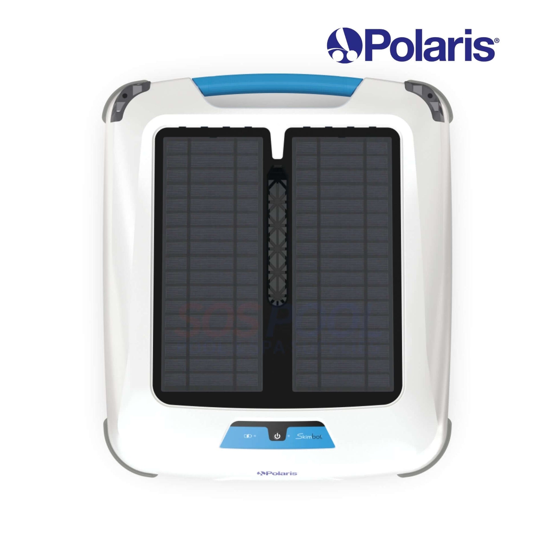 Polaris FSKIMBOT Solar Surface Cleaner showing top view with solar panels, ideal for SOS Pool maintenance and swimming pool parts.