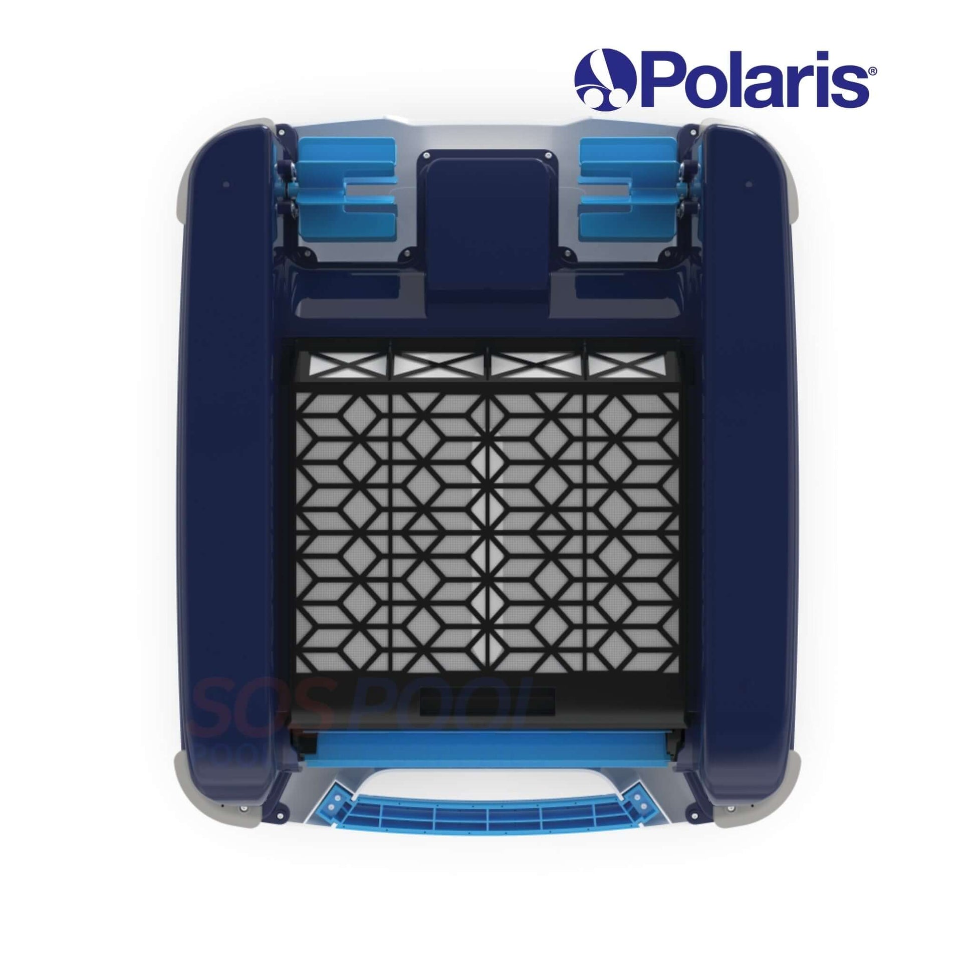 Polaris FSKIMBOT Solar Surface Cleaner, top view, blue and black, showing debris collection area for efficient pool cleaning.