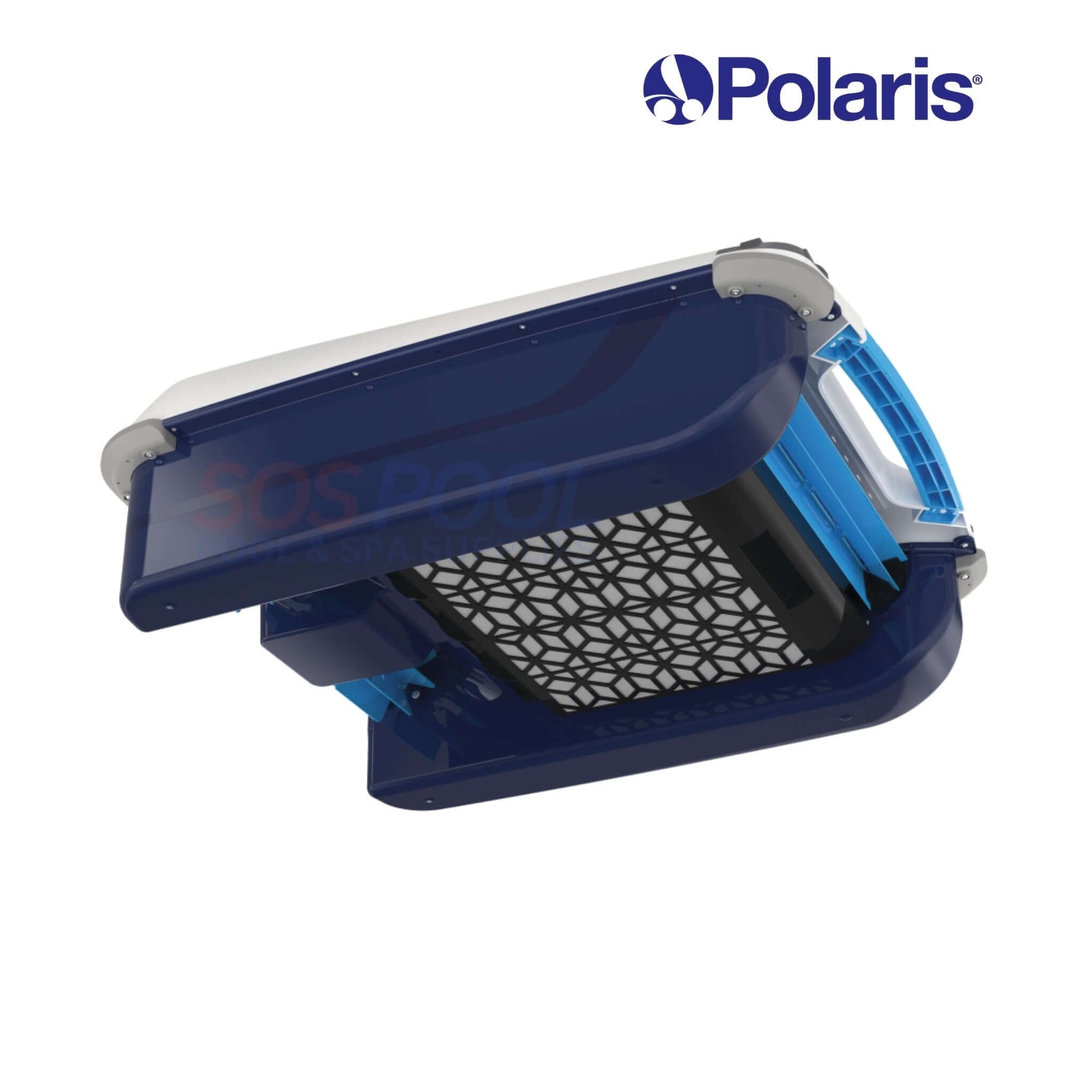 Polaris Skimbot FSKIMBOT solar surface cleaner top view, showcasing blue design and filter for effective pool cleaning.