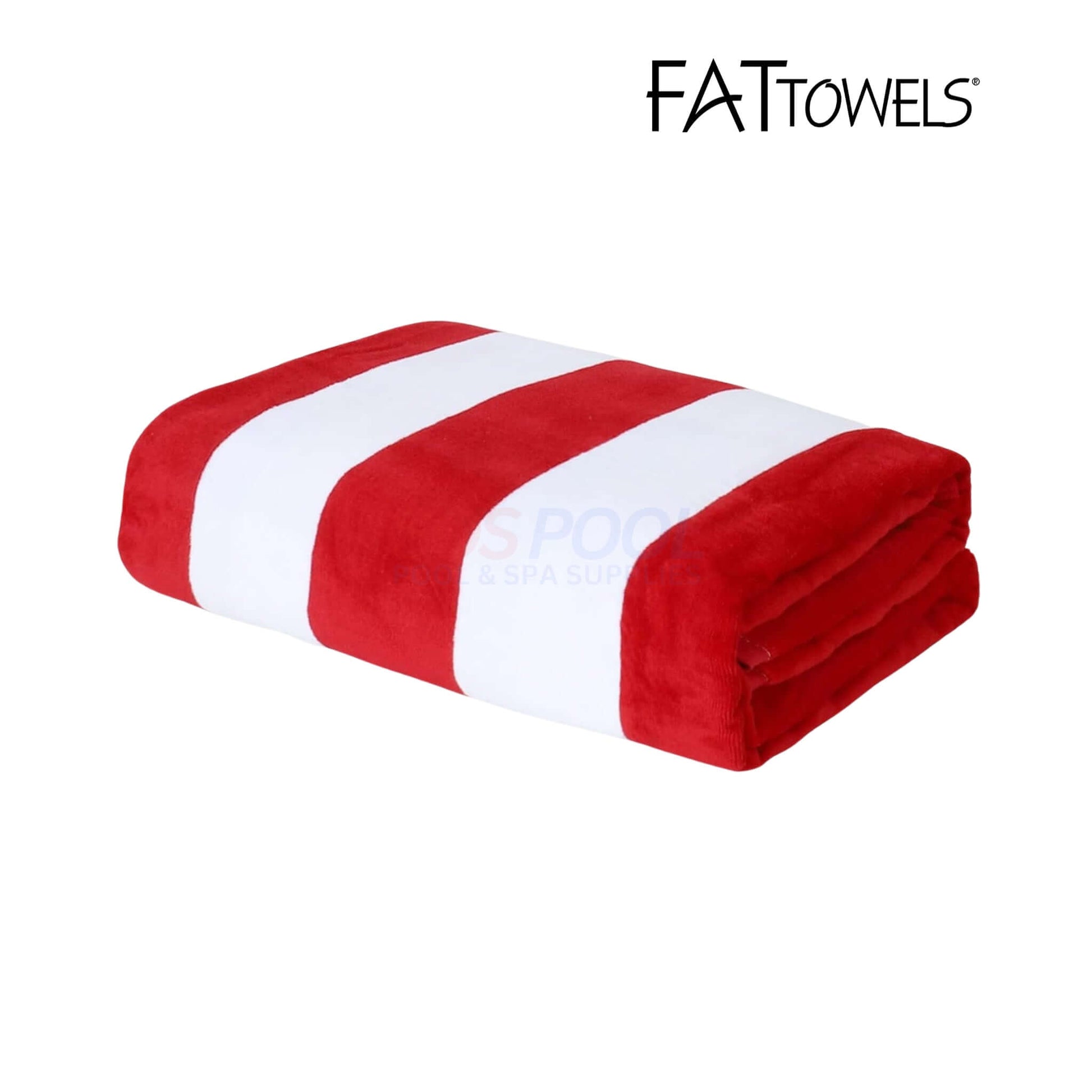 FatTowel Beach Towel in red and white cabana stripe, soft velour fabric, perfect for beach or pool use. SKU: FatTowels