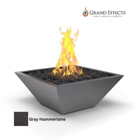 Grand Effects Square Corinthian Fire Bowl in Gray Hammertone with flames, premium outdoor fire feature, SKU: SOS Pool.