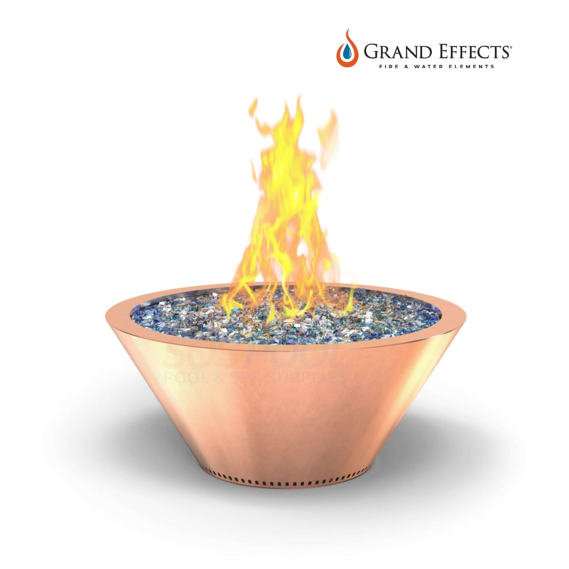 Grand Effects Essex Round Fire Bowl in Copper with flames, 100% copper design, available at SOS Pool, SKU: FIREBOWL-001