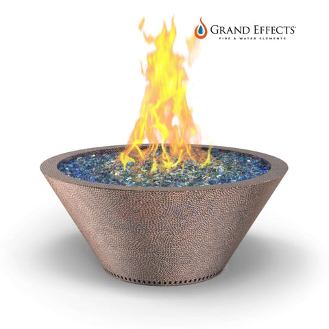 Grand Effects Essex Fire Bowl in Oil Rubbed Hammered Copper with flames and blue glass. Part number: SOS Pool.