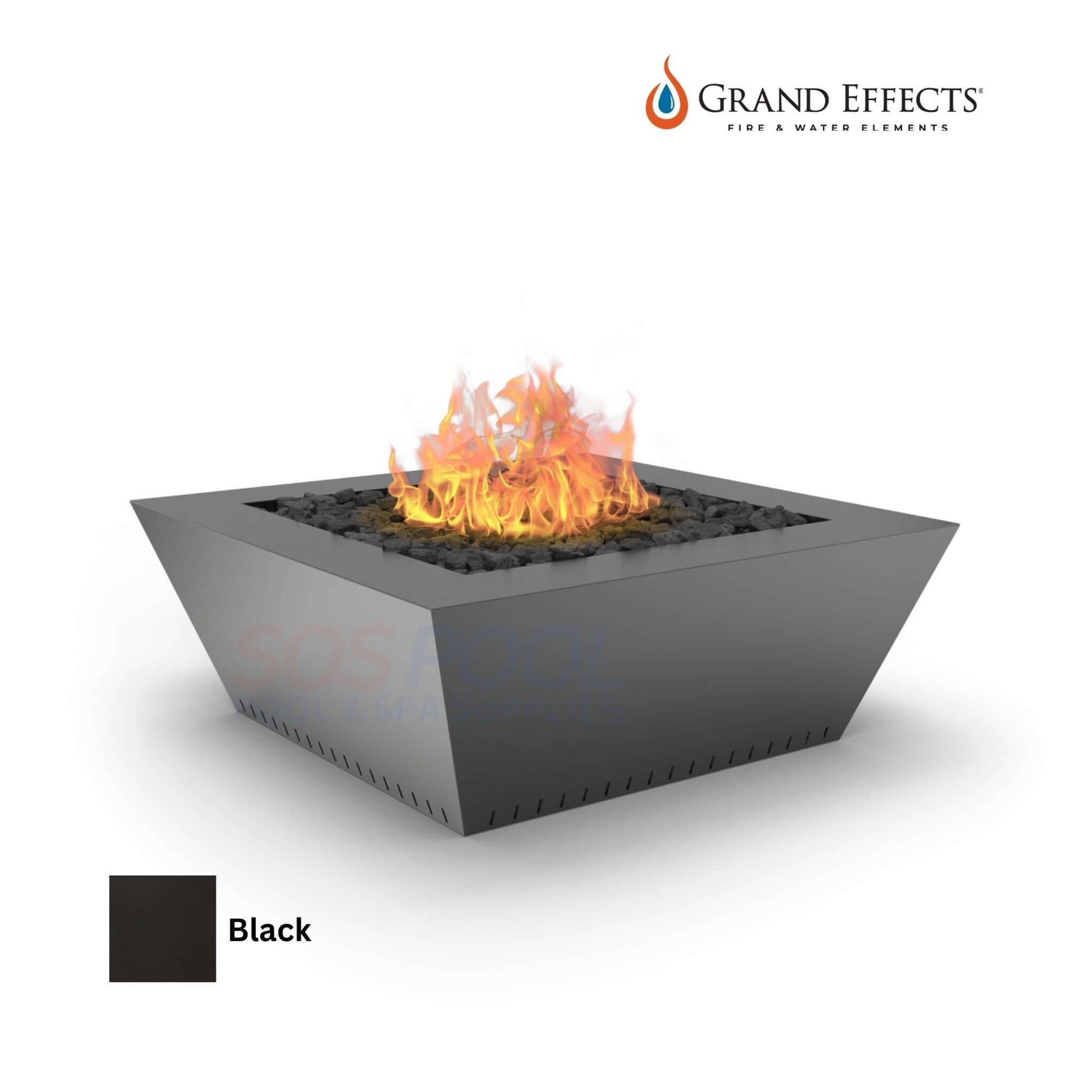 Grand Effects Fire Table in Black, 48x48x18, with flames and sleek design. SKU: Grand Corinthian. SOS Pool.