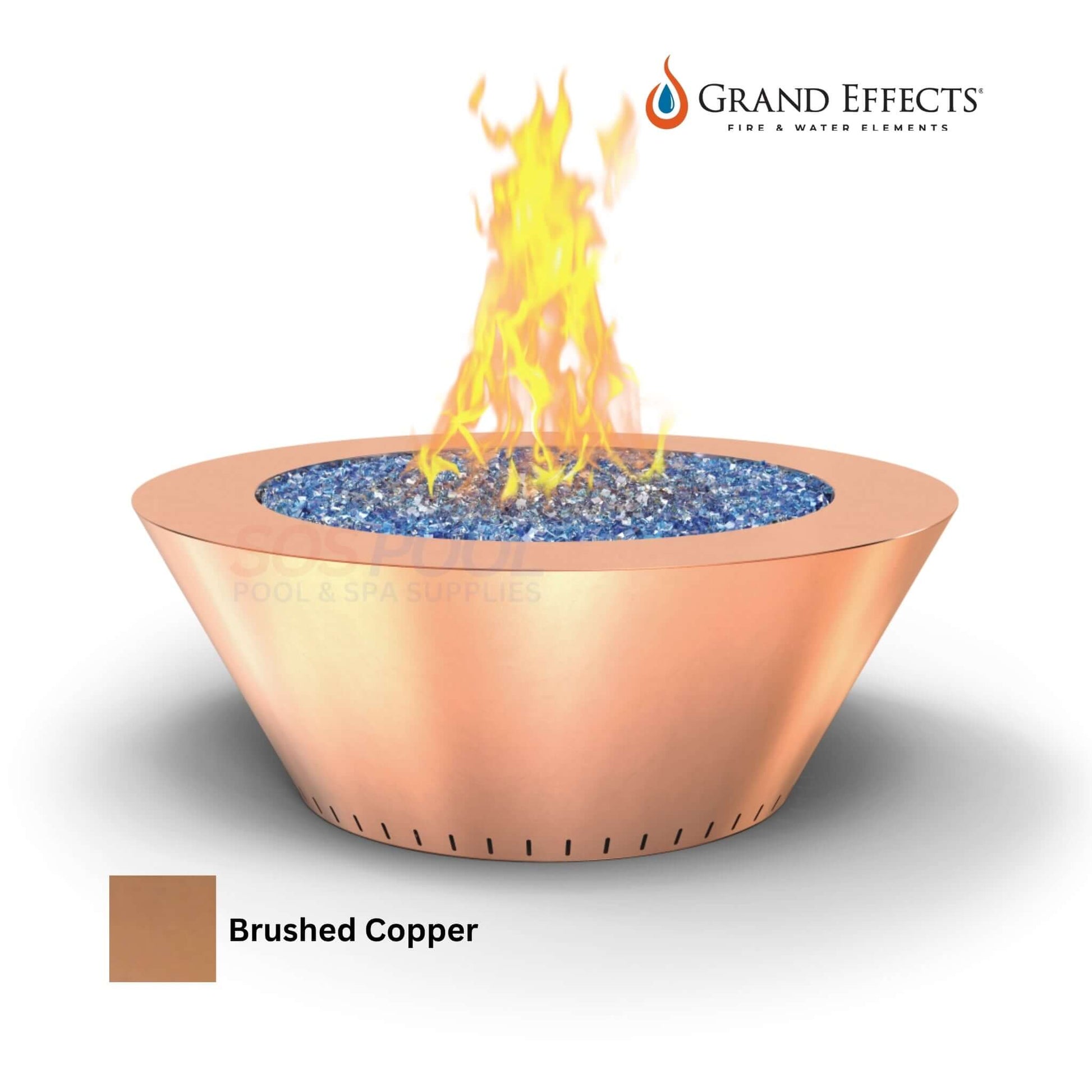 Grand Effects Fire Table in brushed copper with flames and blue glass, perfect for outdoor spaces. SKU: Grand Essex.