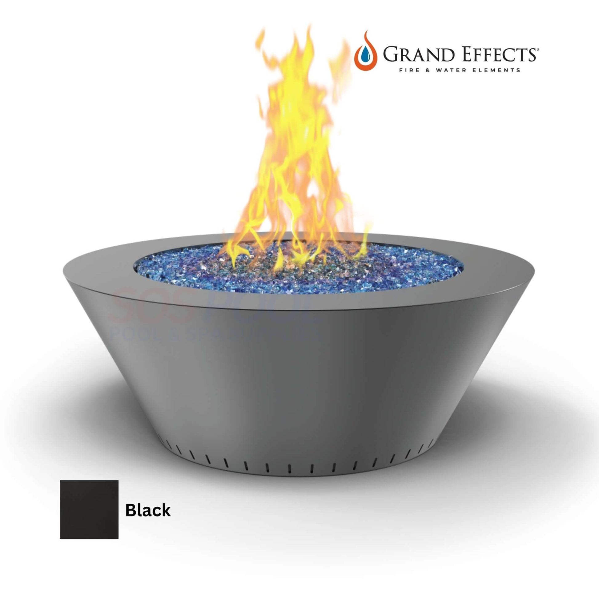 Grand Effects Fire Table in Black Finish with flames and light blue glass, perfect for outdoor settings. SKU: Grand Essex.
