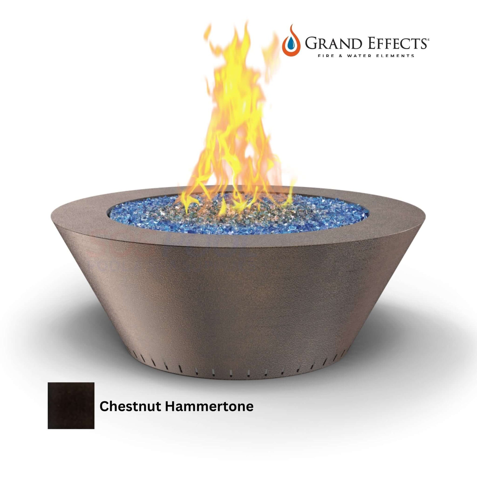 Grand Effects Fire Table in Chestnut Hammertone with blue glass accents, ideal for outdoor patios and pools. SKU: Grand Essex.