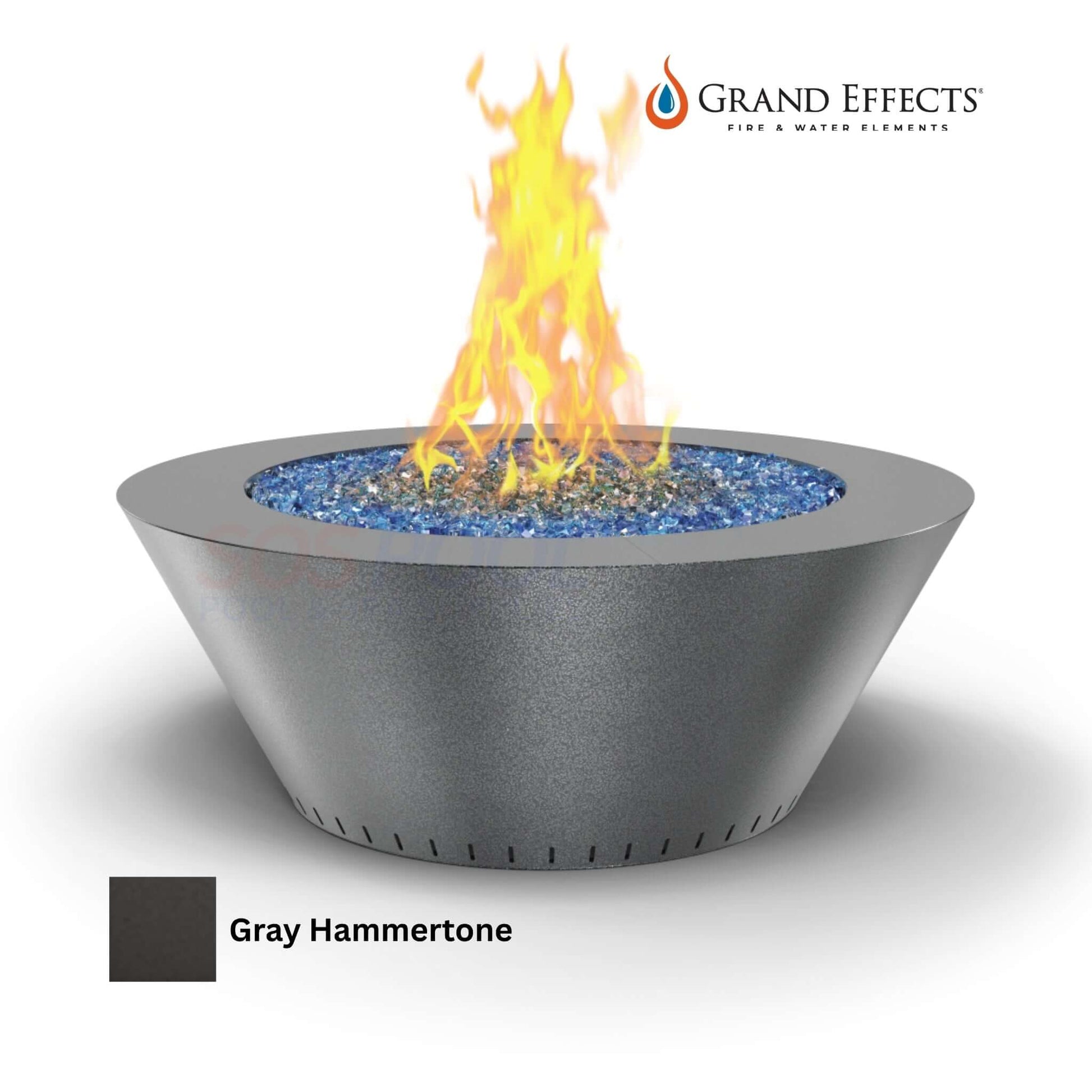 Grand Effects Fire Table in Gray Hammertone with flames and blue glass, perfect for SOS Pool settings, SKU: Grand Essex