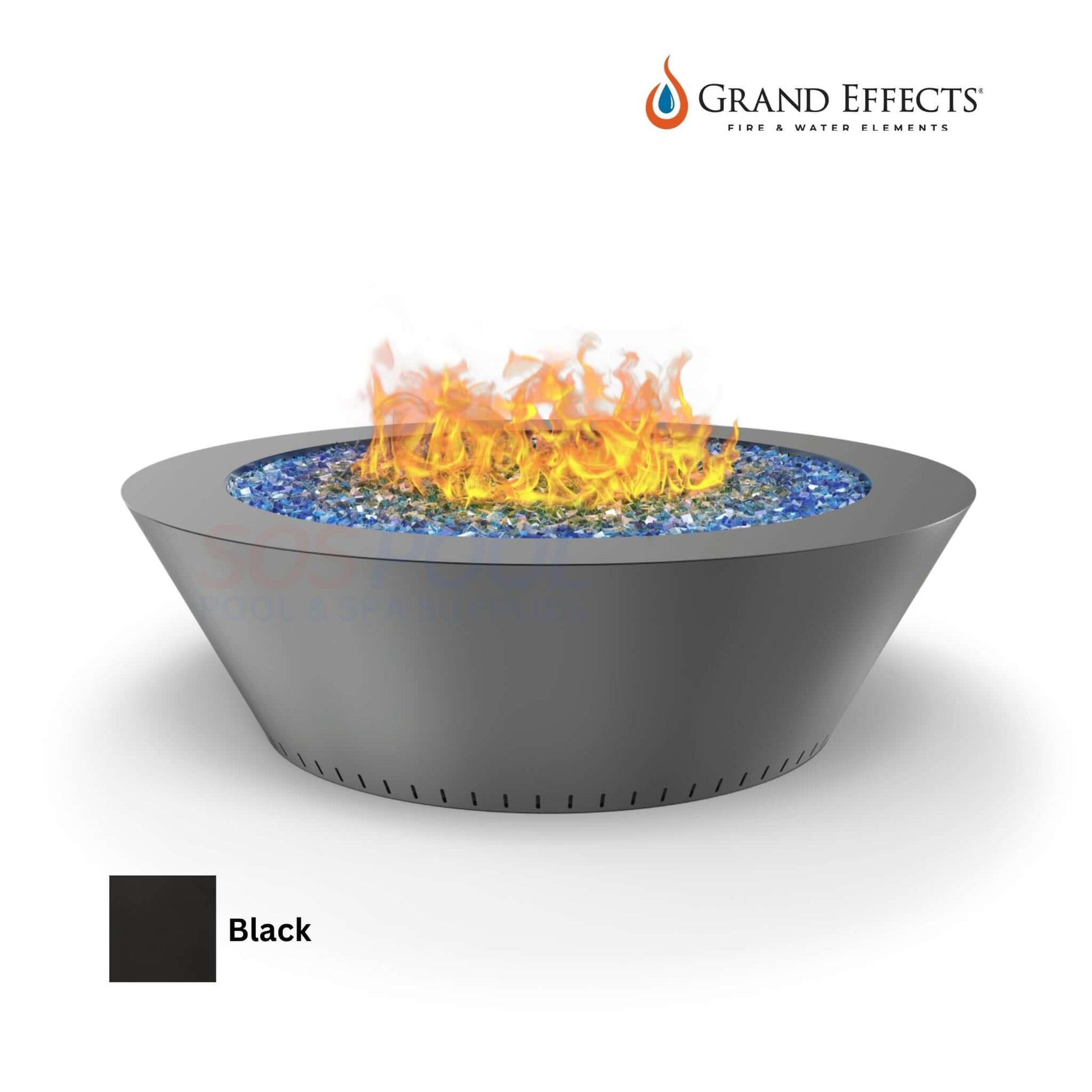 Grand Effects Fire Table in Black with flames and blue glass, perfect for outdoor settings. SKU: Grand Essex.