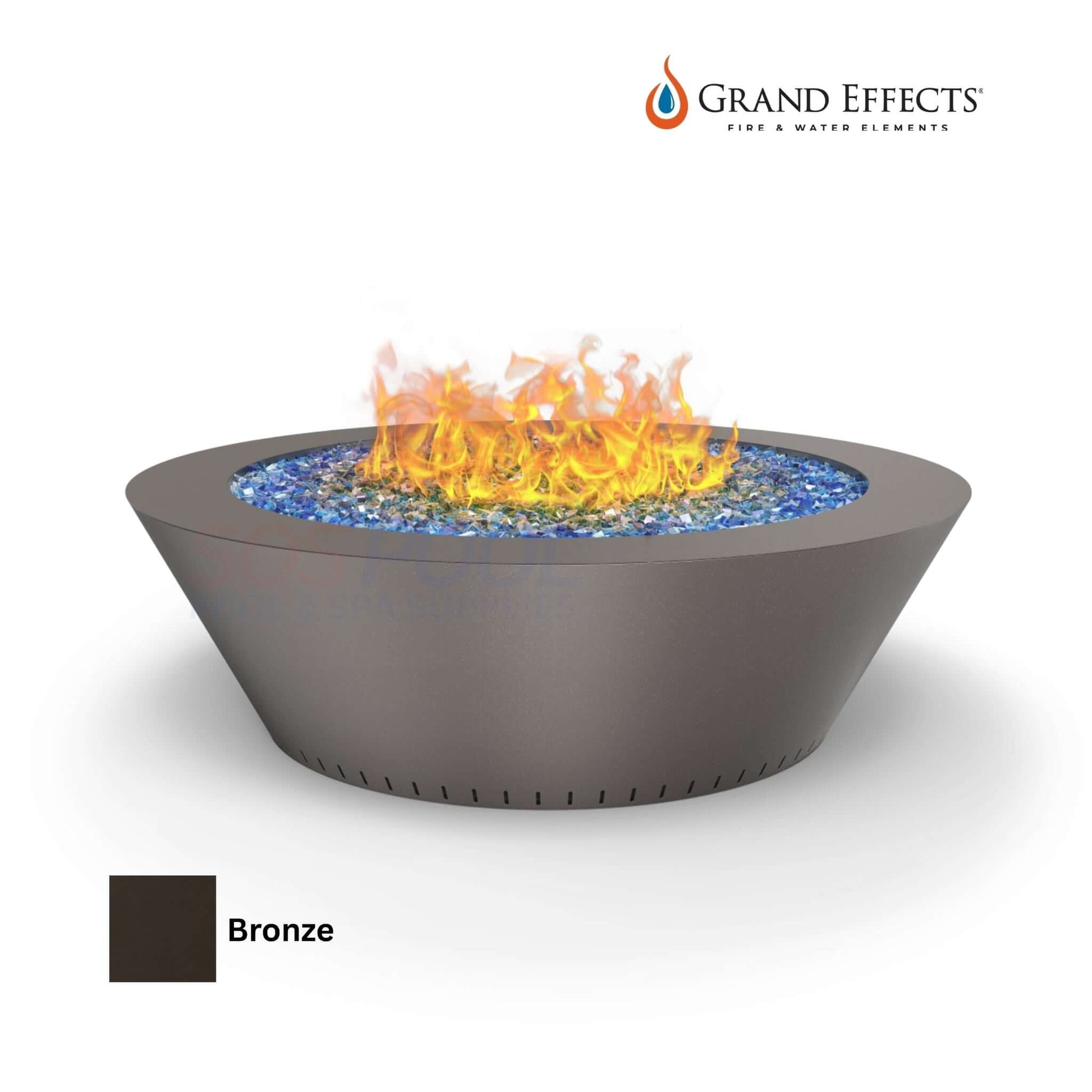 Grand Effects Bronze Fire Table with colorful flames and glass elements, ideal for outdoor spaces, SKU: Grand Essex.