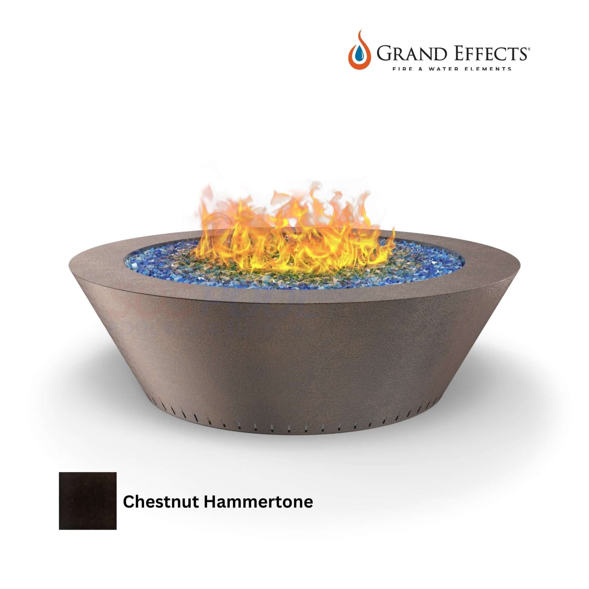 Grand Effects Fire Table in Chestnut Hammertone with flames, ideal for outdoor settings. SKU: Grand Essex