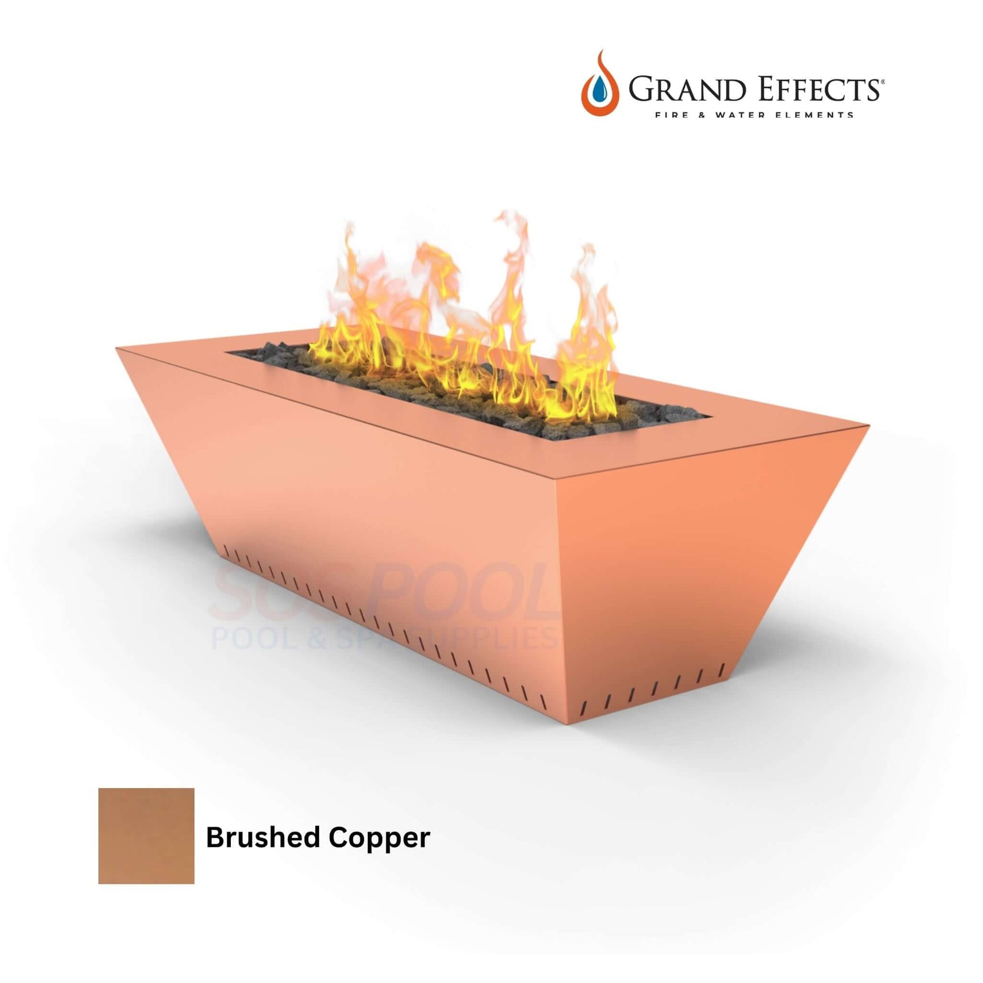 Grand Effects Fire Table in Brushed Copper, 60x26x18 inches, premium outdoor centerpiece for SOS Pool.
