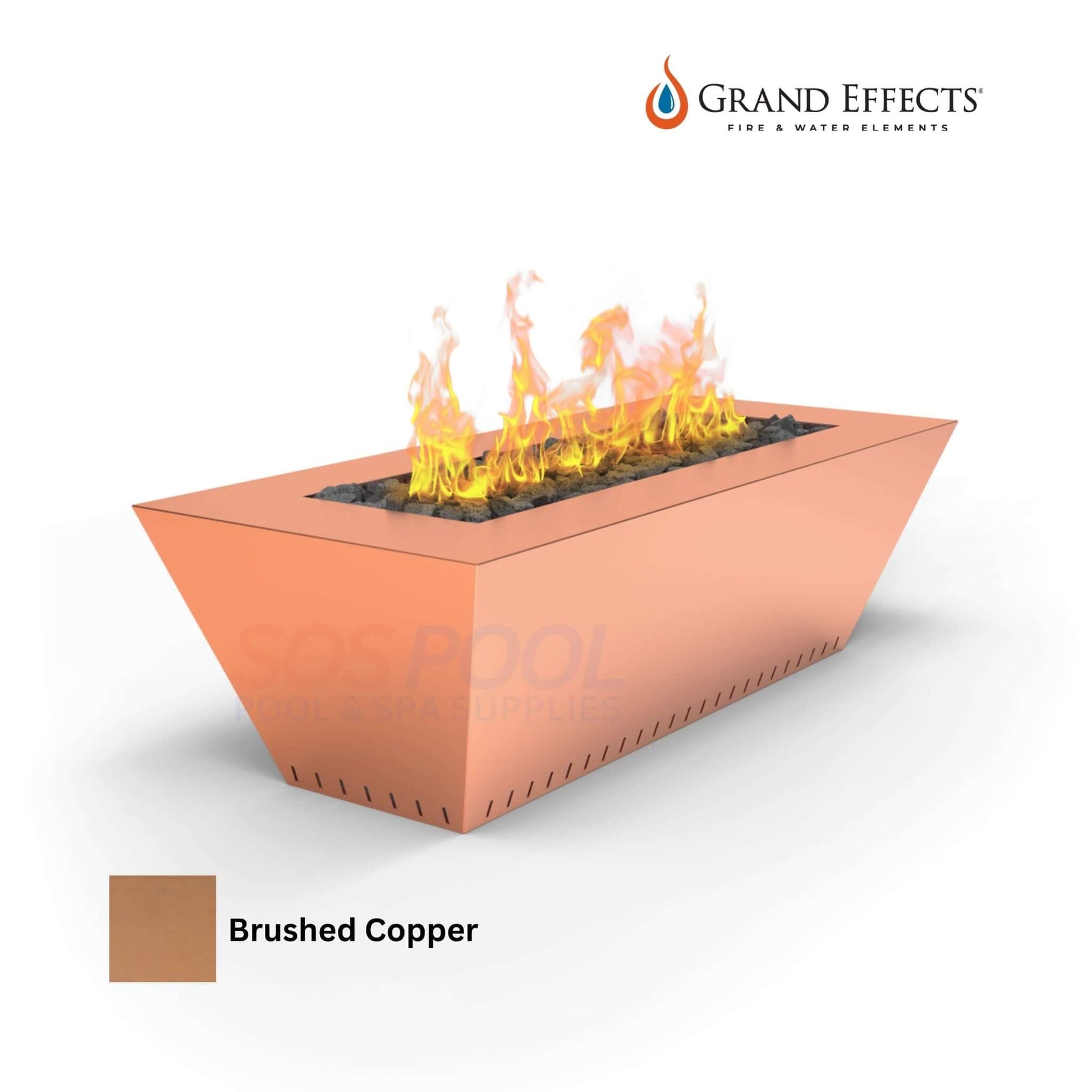 Grand Effects Fire Table in brushed copper finish, modern design, 60"x26"x18", SKU: SOS Pool.