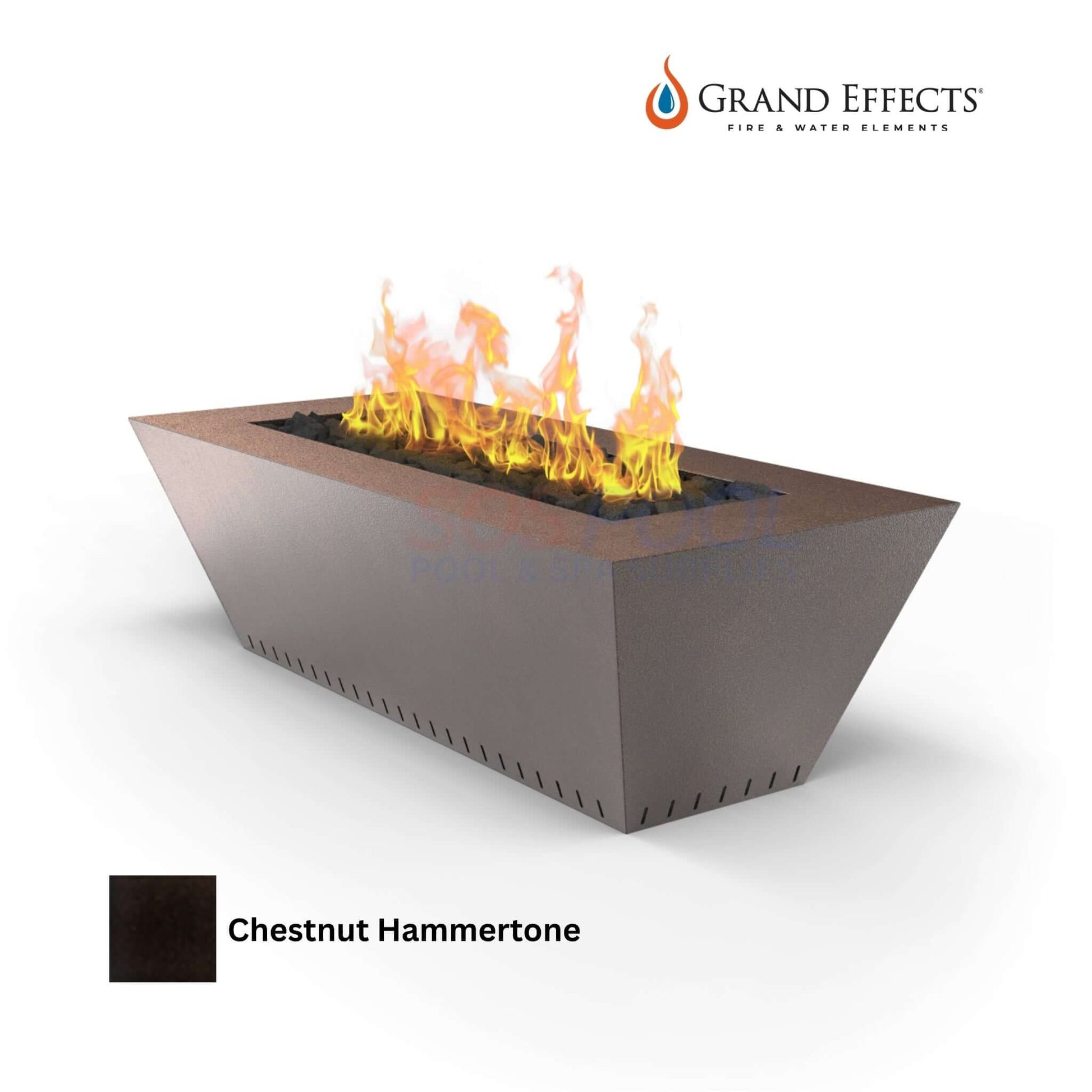 Grand Effects Linear Corinthian Fire Table in Chestnut Hammertone with flames, 60"x26"x18", SKU: SOS Pool.
