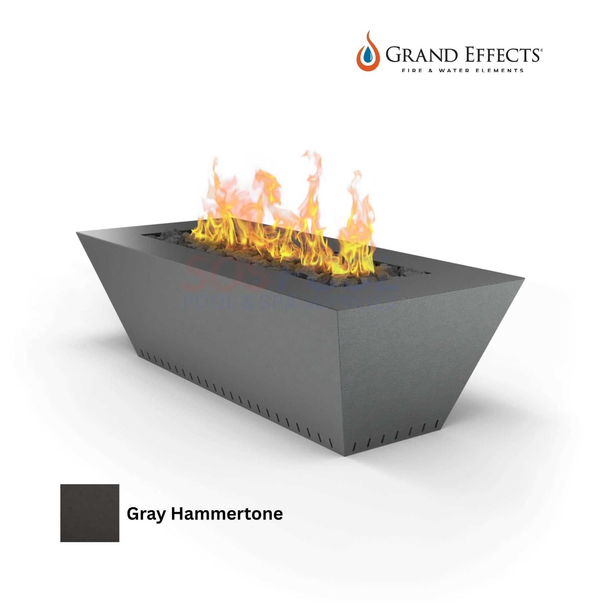 Grand Effects Fire Table in Gray Hammertone with flames, perfect for luxury outdoor spaces, SKU: 60"x26"x18".