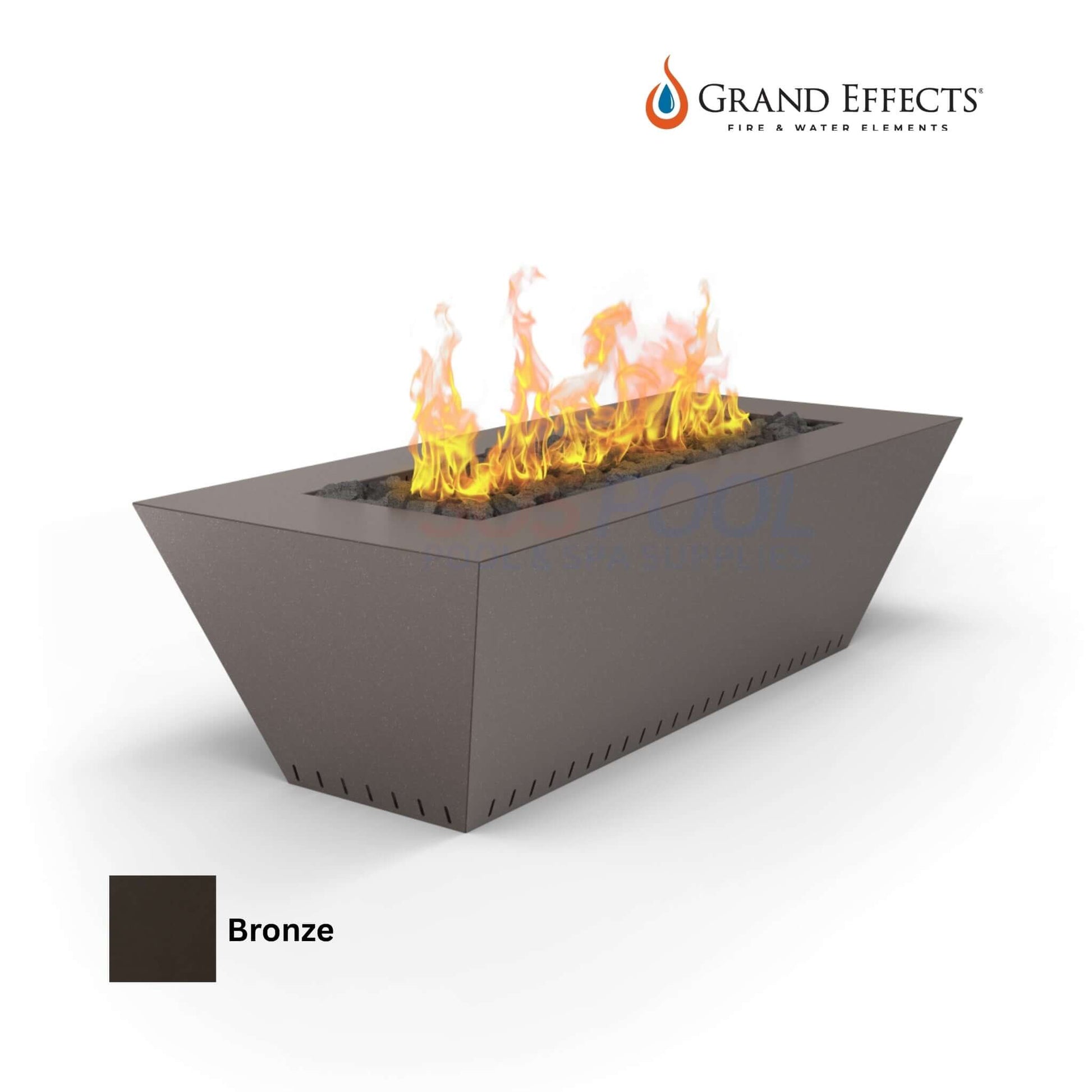 Grand Effects Linear Corinthian Fire Table in Bronze, 60x26x18 inches, perfect for luxury outdoor spaces, SKU: SOS Pool.