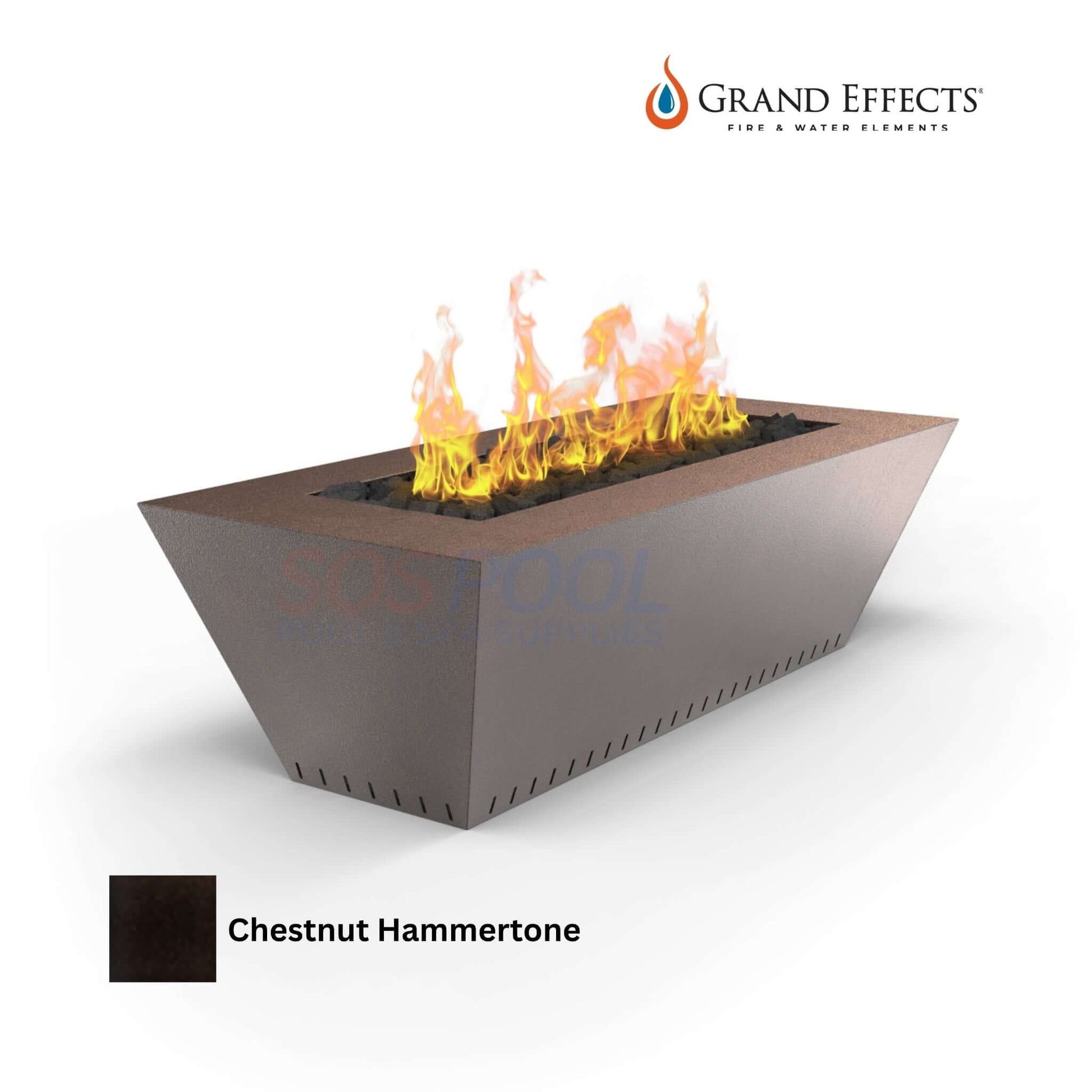 Grand Effects Fire Table in Chestnut Hammertone with flames, ideal for luxury outdoor spaces. SKU: SOS Pool.