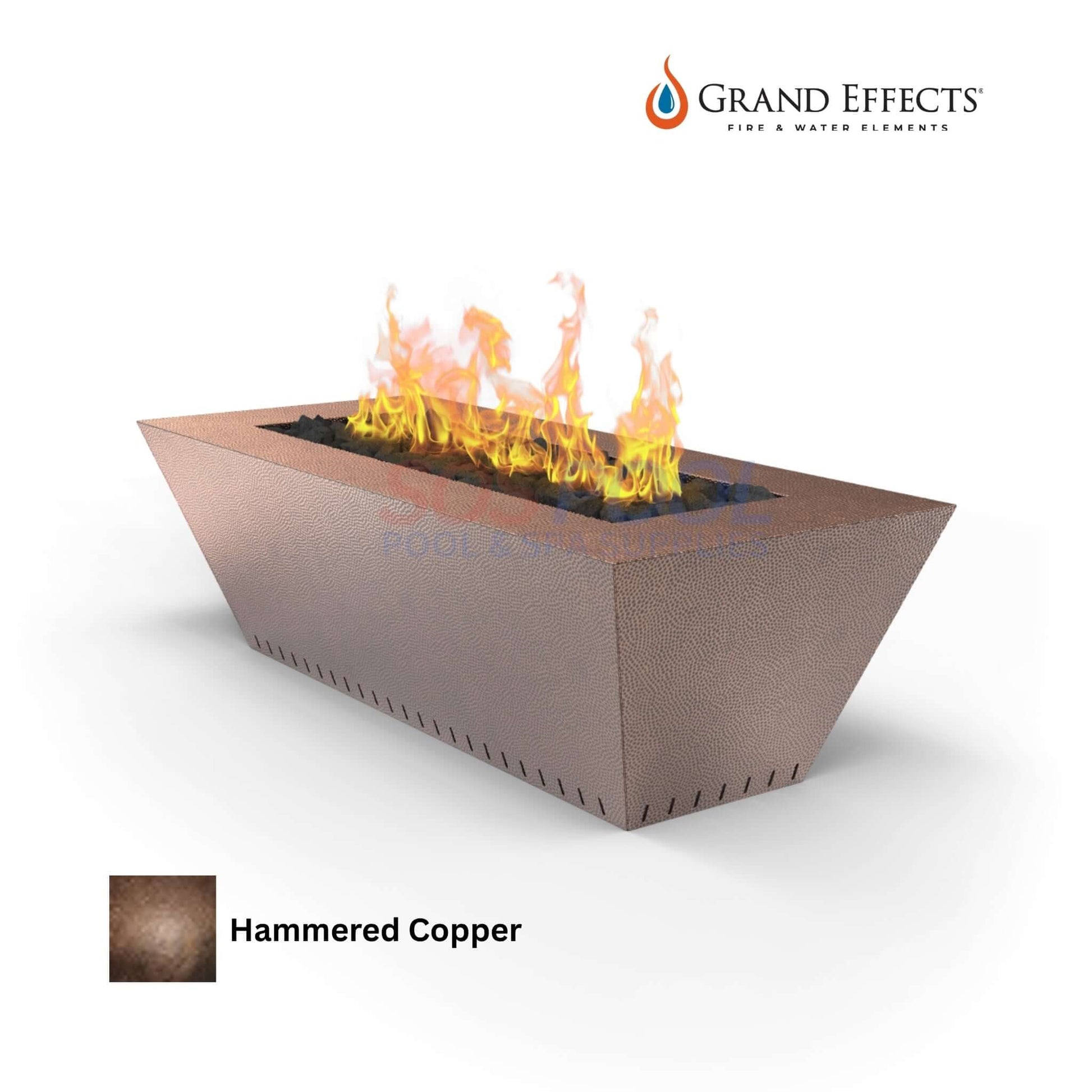Grand Effects Fire Table in Hammered Copper with flames, 60x26x18 inches, SKU: SOS Pool.