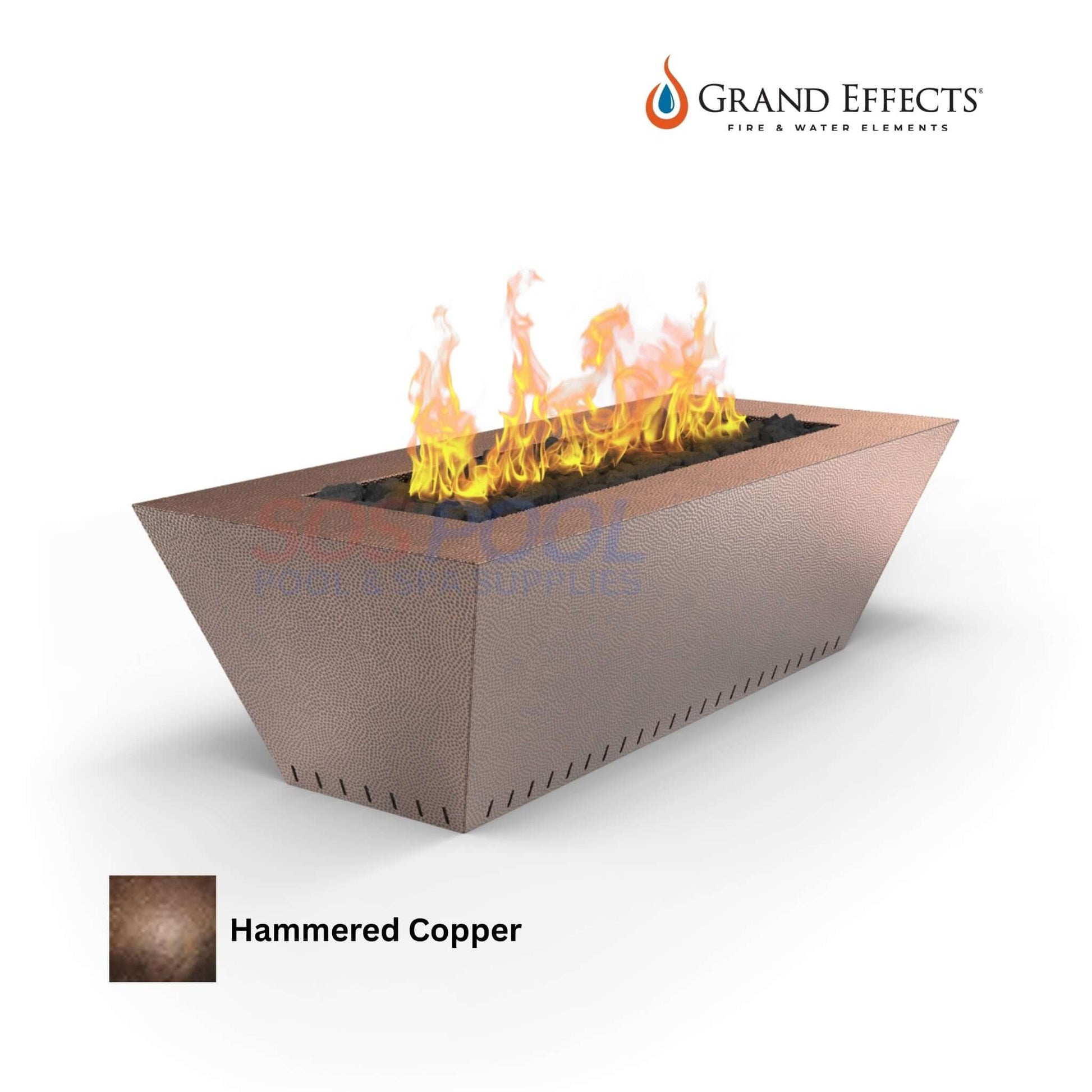 Grand Effects Fire Table in Hammered Copper with flames, 60x26x18 inches, SKU: SOS Pool.