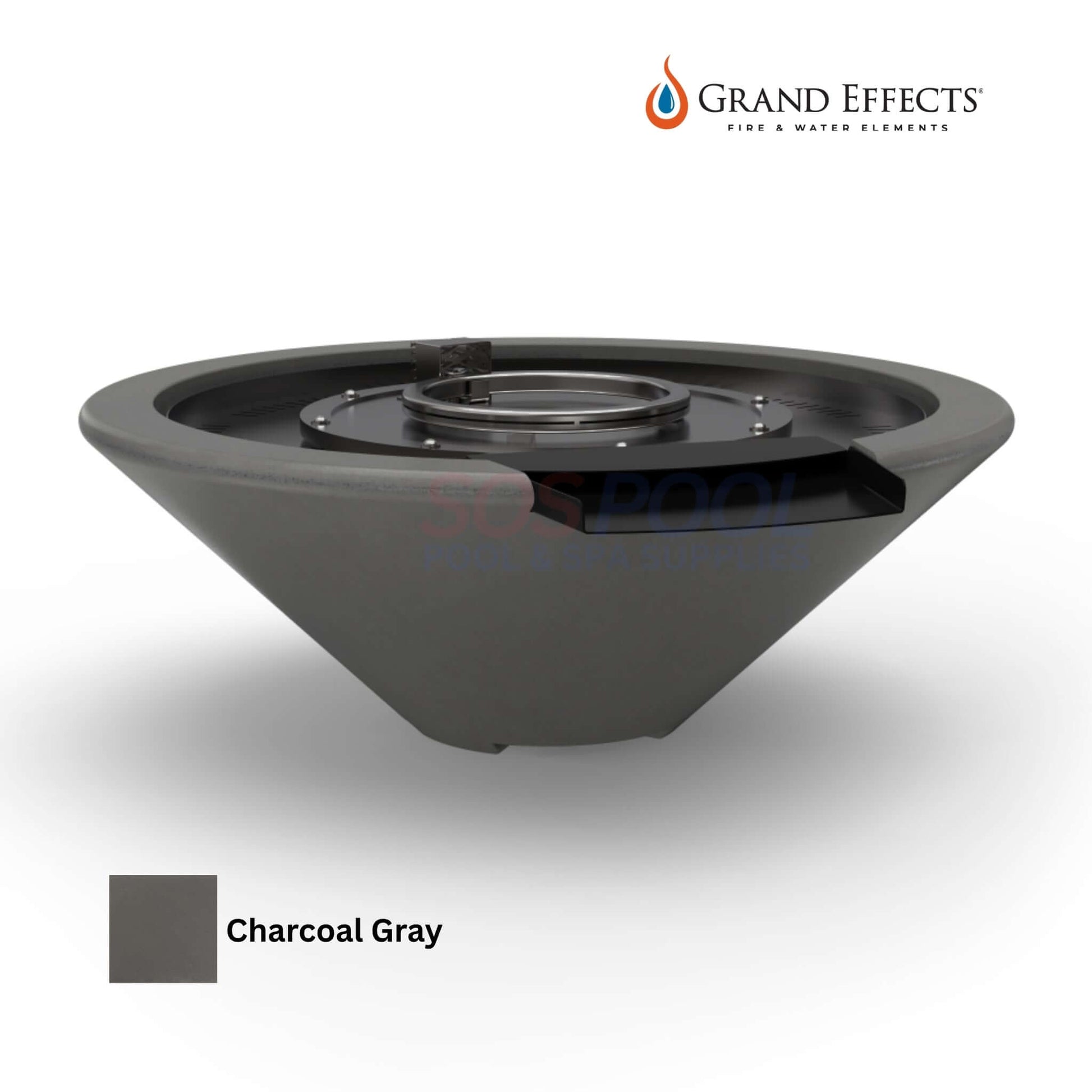 Grand Effects Fire & Water Bowl in Charcoal Gray, GFRC, 30" model, for outdoor use, SKU: Essex SOS Pool.
