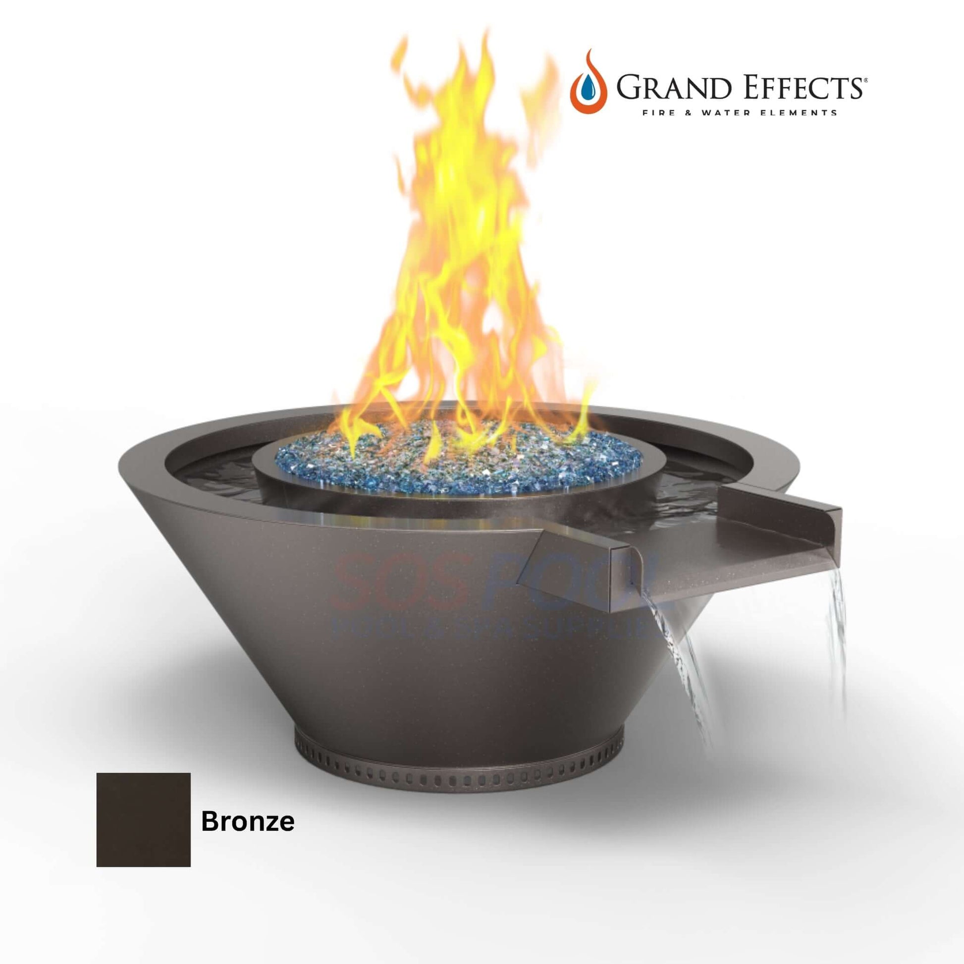 Grand Effects Round Essex Fire & Water Bowl in Bronze with flame, water features, SKU SOS Pool.