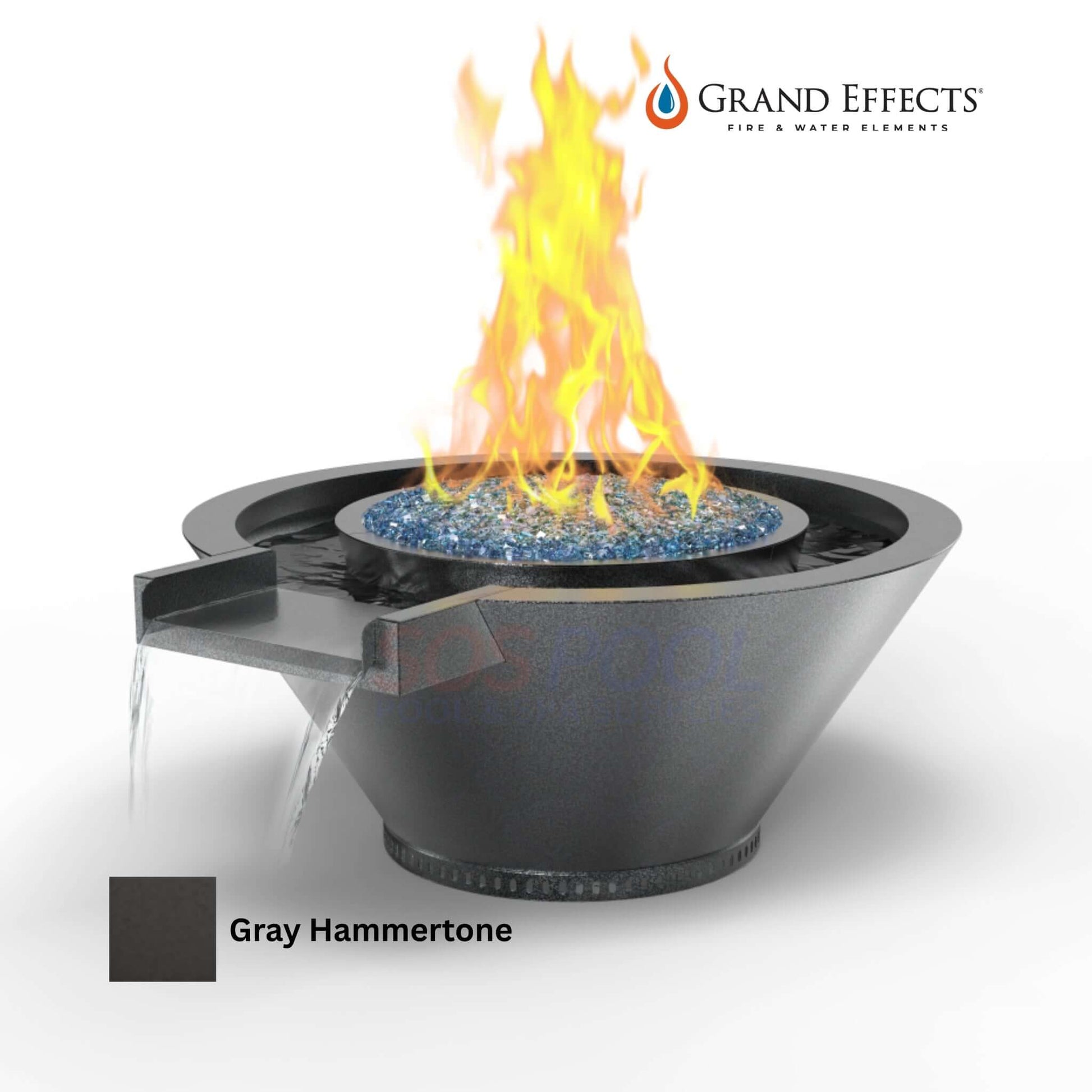 Grand Effects Round Essex Fire & Water Bowl in Gray Hammertone with flame and water feature, SKU: SOS Pool