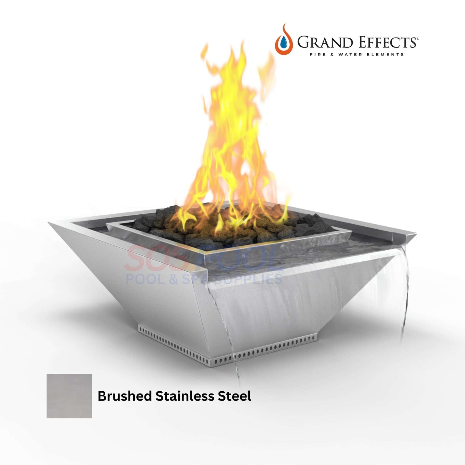 Grand Effects Square Fire & Water Bowl in brushed stainless steel, Artisan Series, SKU SOS Pool, sleek design with seamless lip.