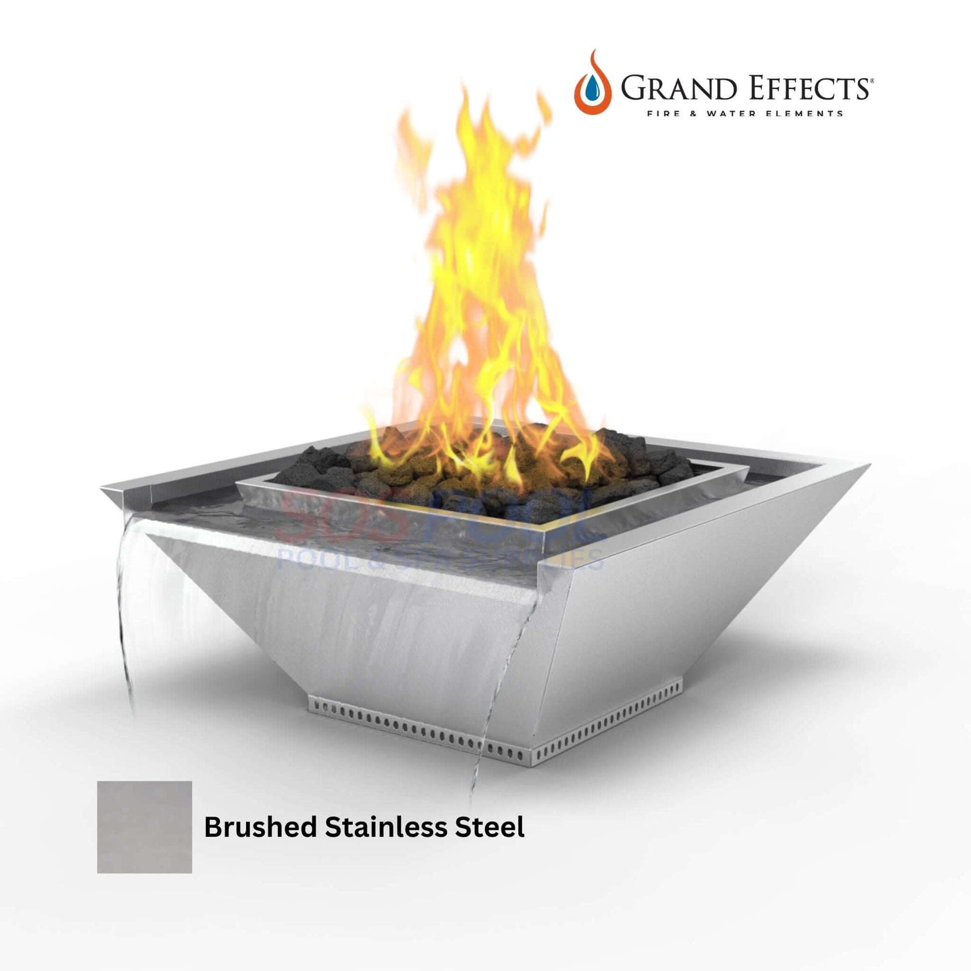 Square Corinthian Fire & Water Bowl in brushed stainless steel, featuring seamless lip and flames, SKU: SOS Pool.