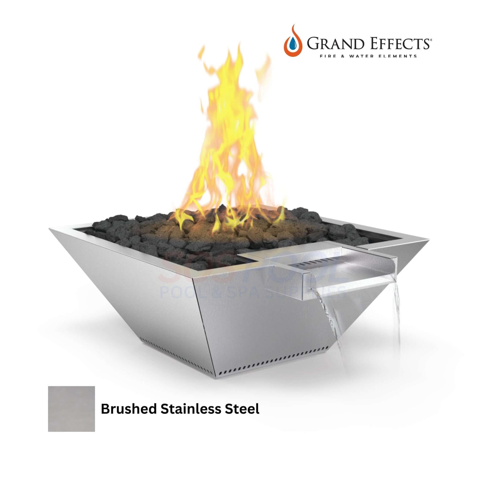 Grand Effects Fire & Water Bowl in brushed stainless steel, square Corinthian design, SKU: SOS Pool, for luxury outdoor spaces.