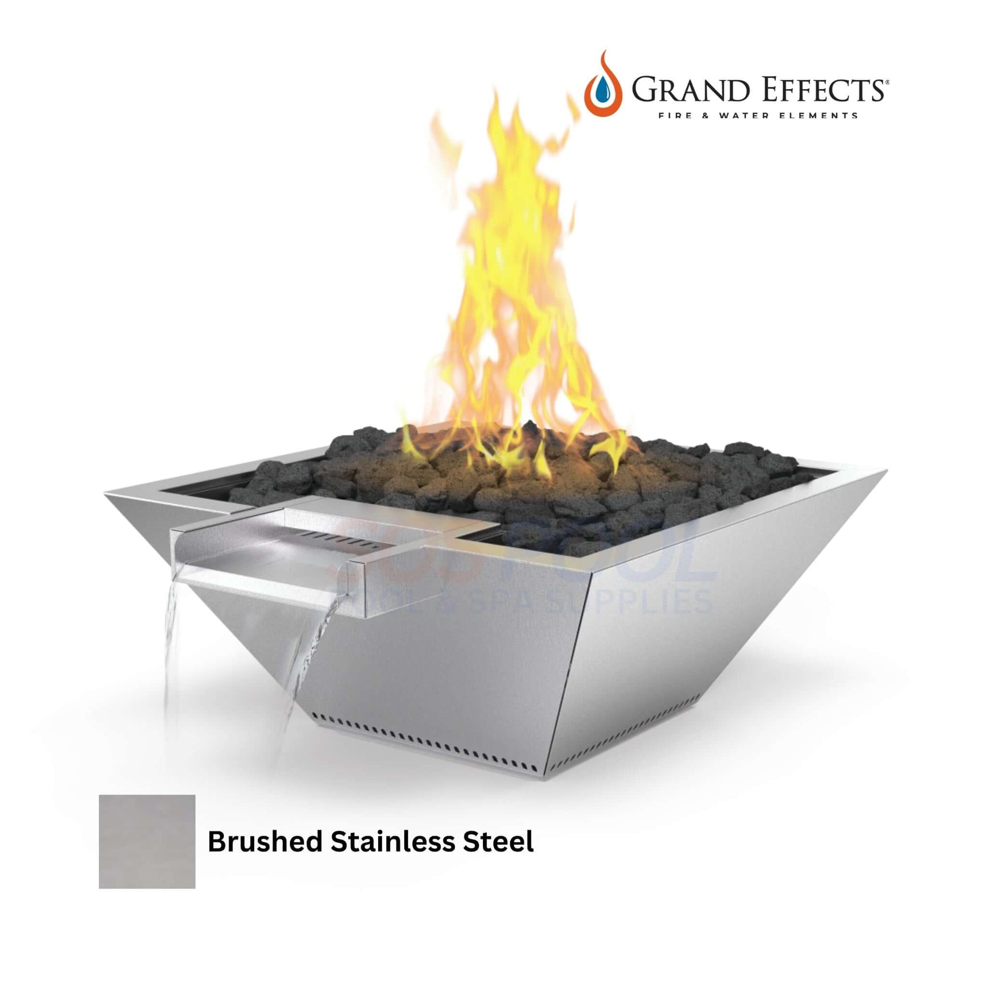 Grand Effects Square Corinthian Fire & Water Bowl in brushed stainless steel, combines flames and cascading water, SKU: SOS Pool.