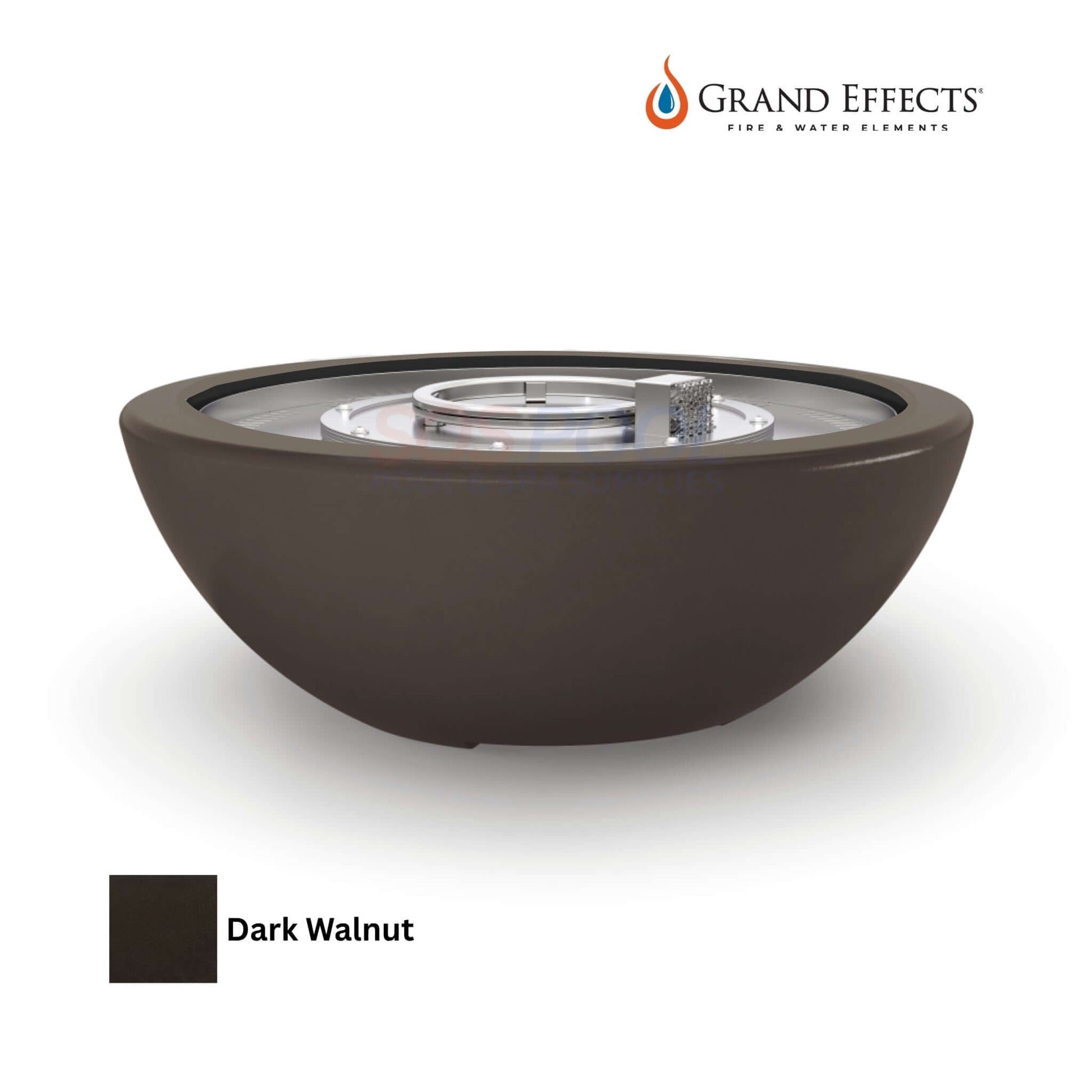 Grand Effects Legacy Fire Bowl in Dark Walnut; luxury outdoor fire feature; SKU: SOS Pool.