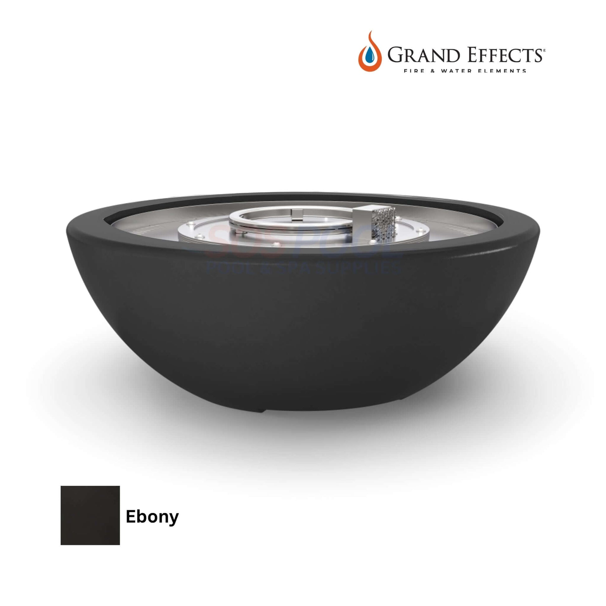 Grand Effects Legacy Fire Bowl in ebony concrete, luxury outdoor feature for poolsides. SKU: SOS Pool