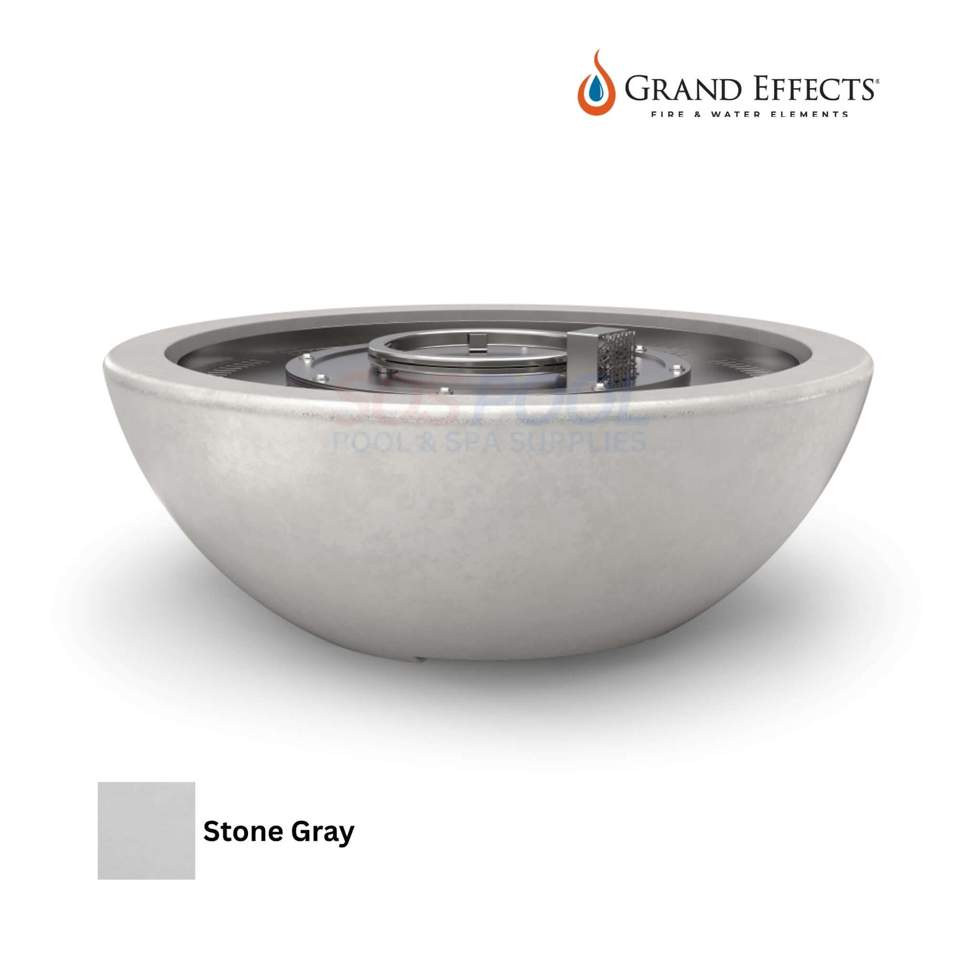 Grand Effects Legacy Fire Bowl in Stone Gray concrete for outdoor use, SKU: SOS Pool.