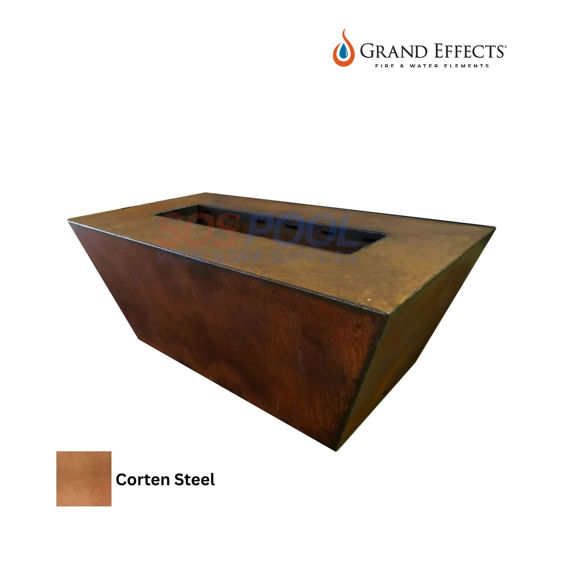 Grand Effects Linear Corinthian Fire Table in Corten steel, 60x26x18, SOS Pool. SKU: GEF-6018