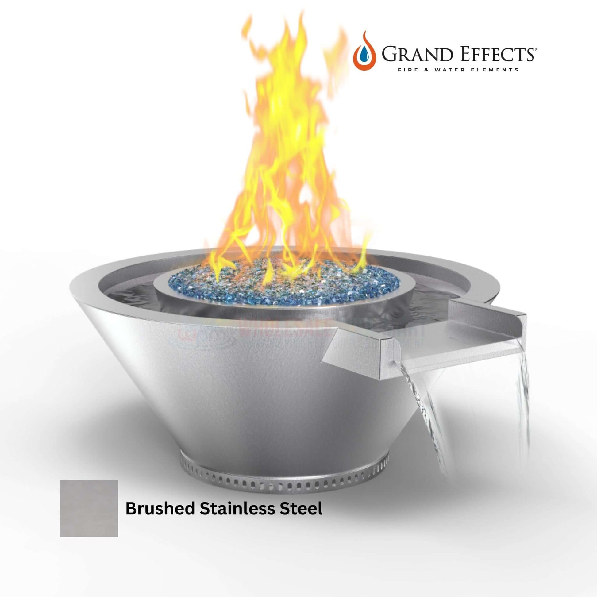 Grand Effects Fire & Water Bowl in brushed stainless steel with flame and flowing water, SOS Pool, SKU: Round Essex Artisan Series.