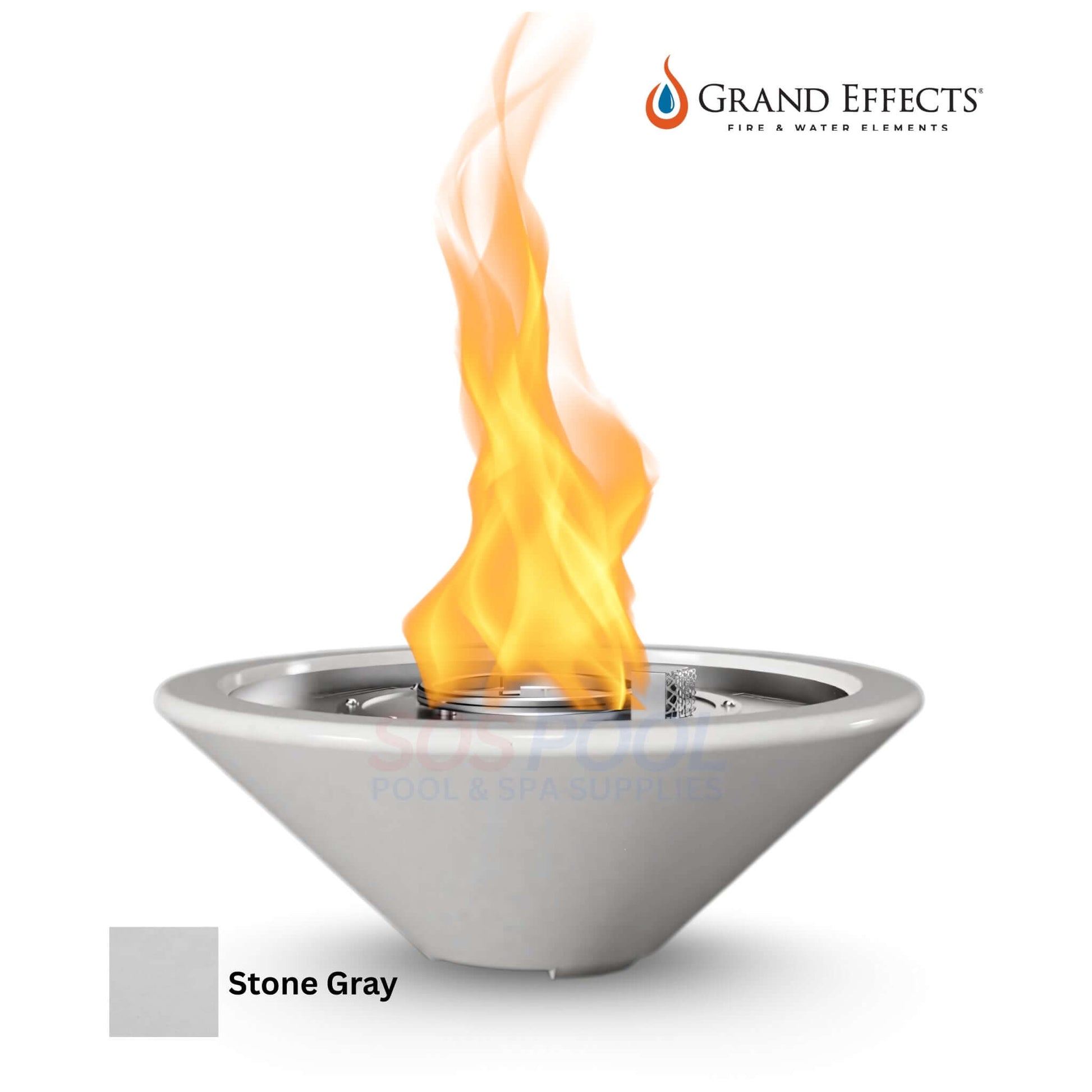 Grand Effects Essex Fire Bowl in stone gray with flame, outdoor fire feature for SOS Pool, SKU: 31"