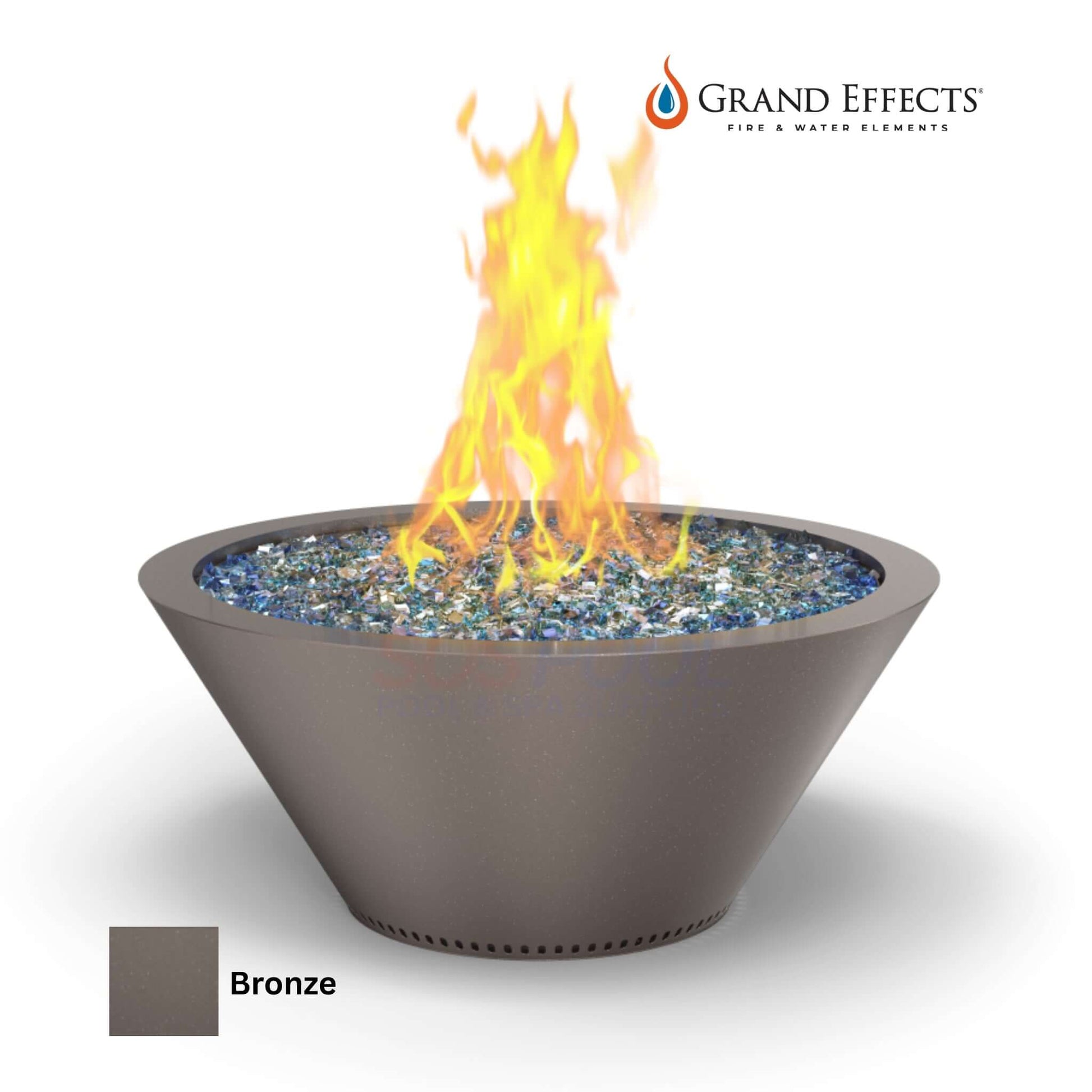 Grand Effects Essex Fire Bowl in Bronze with vibrant flames and glass beads, premium outdoor fire feature, SKU: SOS Pool.