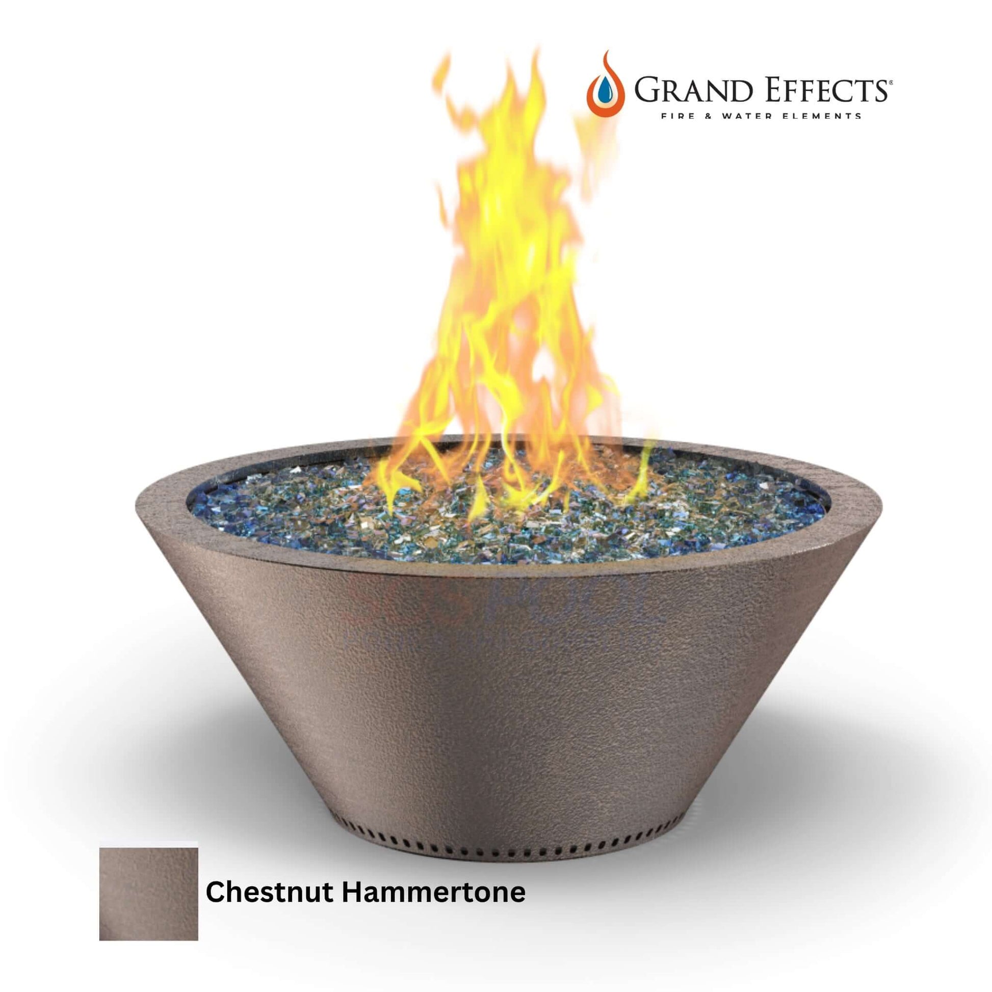 Grand Effects Essex Fire Bowl in Chestnut Hammertone with vibrant flames, perfect for outdoor ambiance. SKU: SOS Pool.
