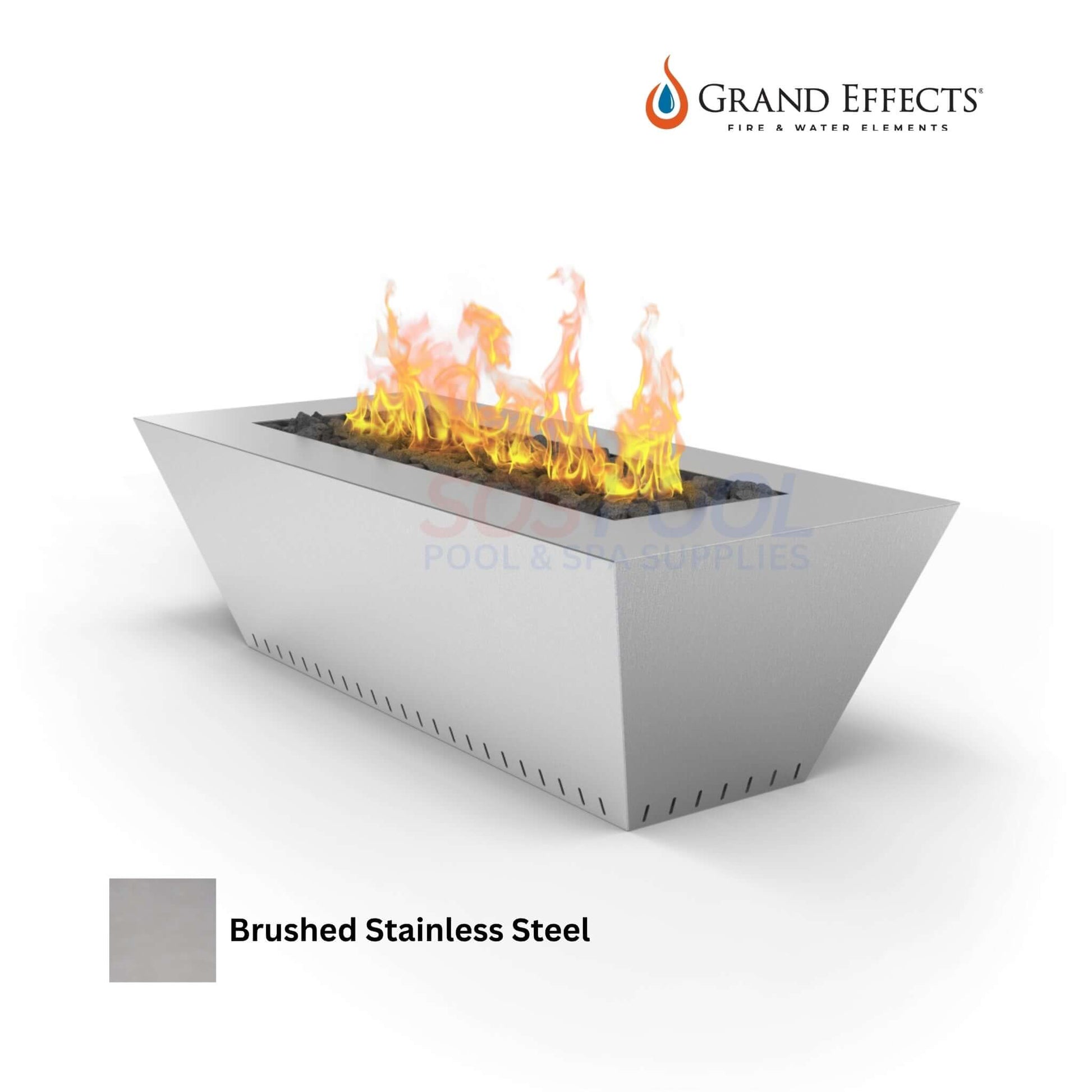 Grand Effects Fire Table in brushed stainless steel, linear design with flames, 60x26x18, SKU: SOS Pool.