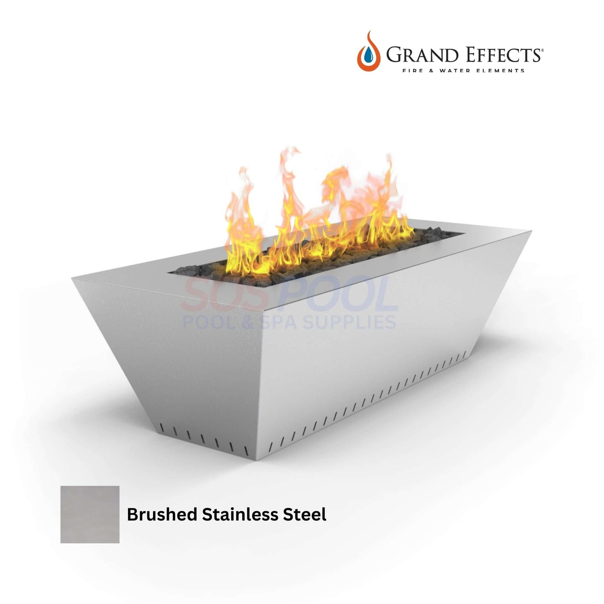 Grand Effects Fire Table in Brushed Stainless Steel, 60x26x18, Linear Corinthian design by SOS Pool. SKU: Grand Effects
