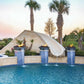 Stunning pool scene featuring a waterslide and fire features, surrounded by palm trees and vibrant landscaping.