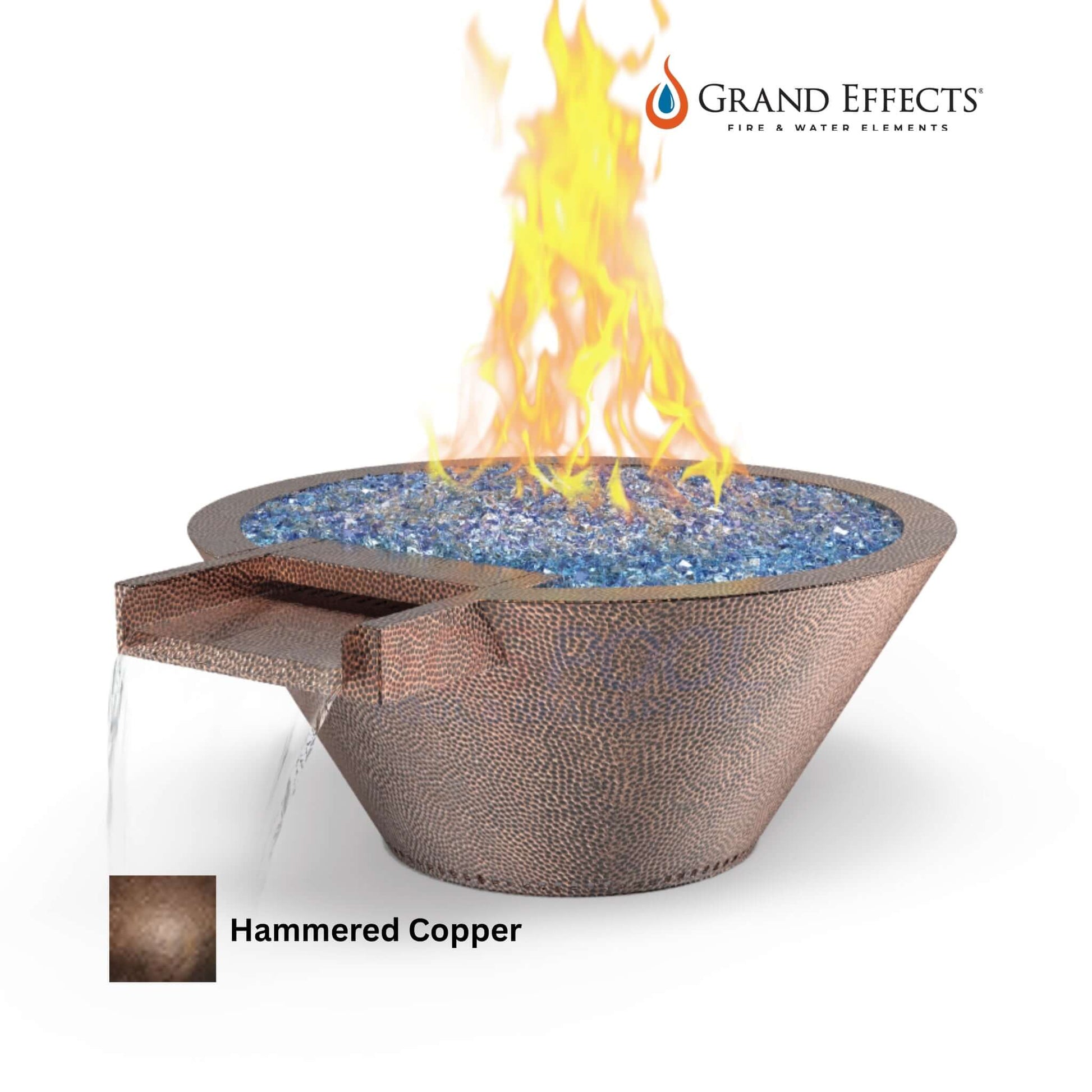 Grand Effects Builder Series Round Essex Fire & Water Bowl in Hammered Copper with Flames and Waterfall, SKU: Essex-FW30