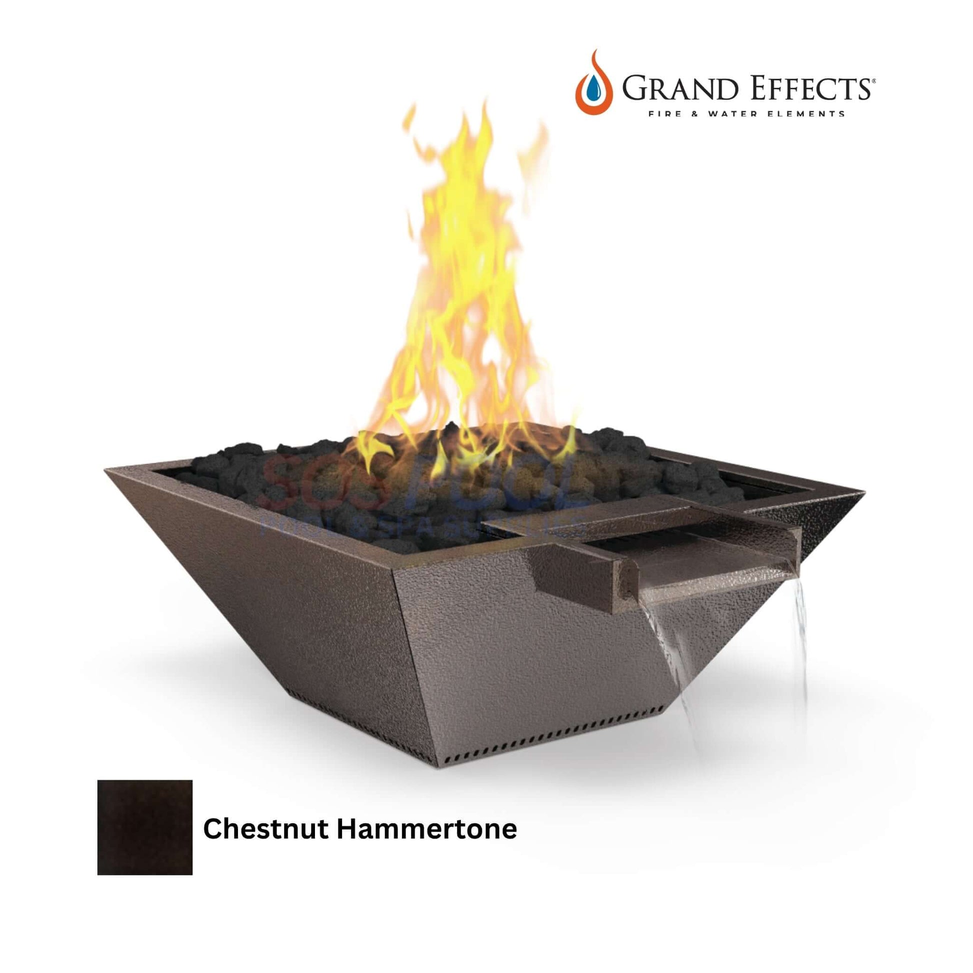 Grand Effects Square Corinthian Fire & Water Bowl in Chestnut Hammertone with flames and water feature, SKU: SOS Pool.
