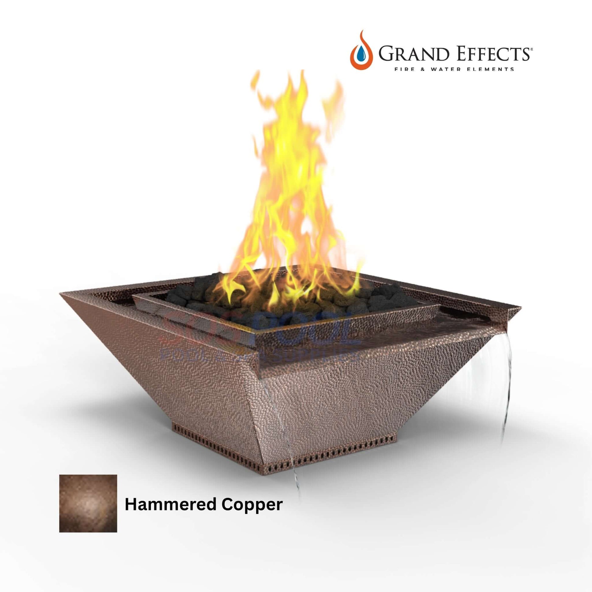 Grand Effects Fire & Water Bowl in hammered copper, square design, oil rubbed, SKU: SOS Pool. Elegant dual-element for outdoor use.